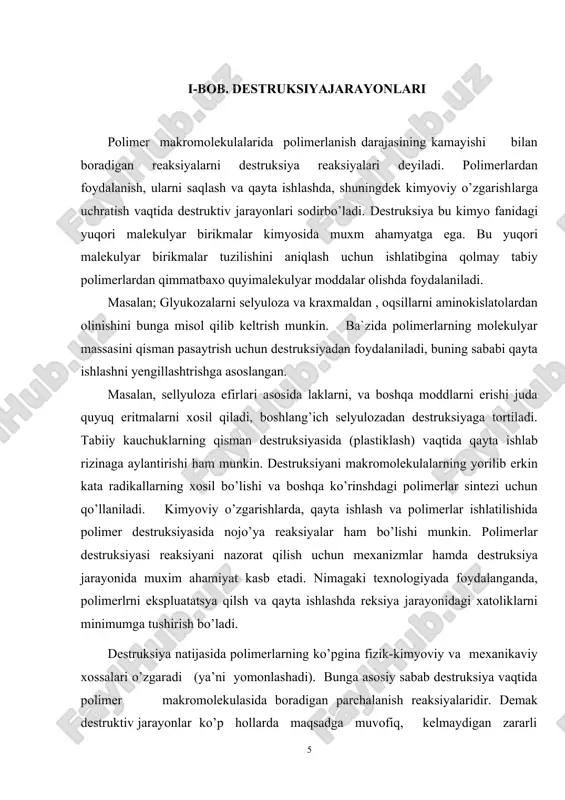 juda quyuq eritmalarni xosil qiladi, boshlang’ich selyulozadan destruksiyaga tortiladi. tabiiy kauchuklarning qisman destruksiyasida (plastiklash) vaqtida qayta ishlab rizinaga aylantirishi ham munkin. destruksiyani makromolekulalarning yorilib erkin kata radikallarning xosil bo’lishi va boshqa ko’rinshdagi polimerlar sintezi uchun qo’llaniladi. kimyoviy o’zgarishlarda, qayta ishlash va polimerlar ishlatilishida polimer destruksiyasida nojo’ya reaksiyalar ham bo’lishi munkin. polimerlar destruksiyasi reaksiyani nazorat qilish uchun mexanizmlar hamda destruksiya jarayonida muxim ahamiyat kasb etadi. nimagaki texnologiyada foydalanganda, polimerlrni ekspluatatsya qilsh va qayta ishlashda reksiya jarayonidagi xatoliklarni minimumga tushirish bo’ladi. destruksiya natijasida polimerlarning ko’pgina fizik-kimyoviy va mexanikaviy xossalari o’zgaradi (ya’ni yomonlashadi). bunga asosiy sabab destruksiya vaqtida polimer makromolekulasida boradigan parchalanish reaksiyalaridir. demak destruktiv jarayonlar ko’p hollarda maqsadga muvofiq, kelmaydigan zararli oqibatlarga olib keladi. bundan destruksiya jarayonlarining hammasi zararli deb xulosa chiqarish xato bo’lar edi. ko’p hol​larda tabiiy va sintetik polimerlardan destruksiya yordamida qimmatbaho past molekulyar moddalar hosil qilish mumkin. masalan, kraxmal va sellyulozani gidrolizlab glyukoza olinadi yoki tabiiy oqsil kollagenin gidrolizlanganda …