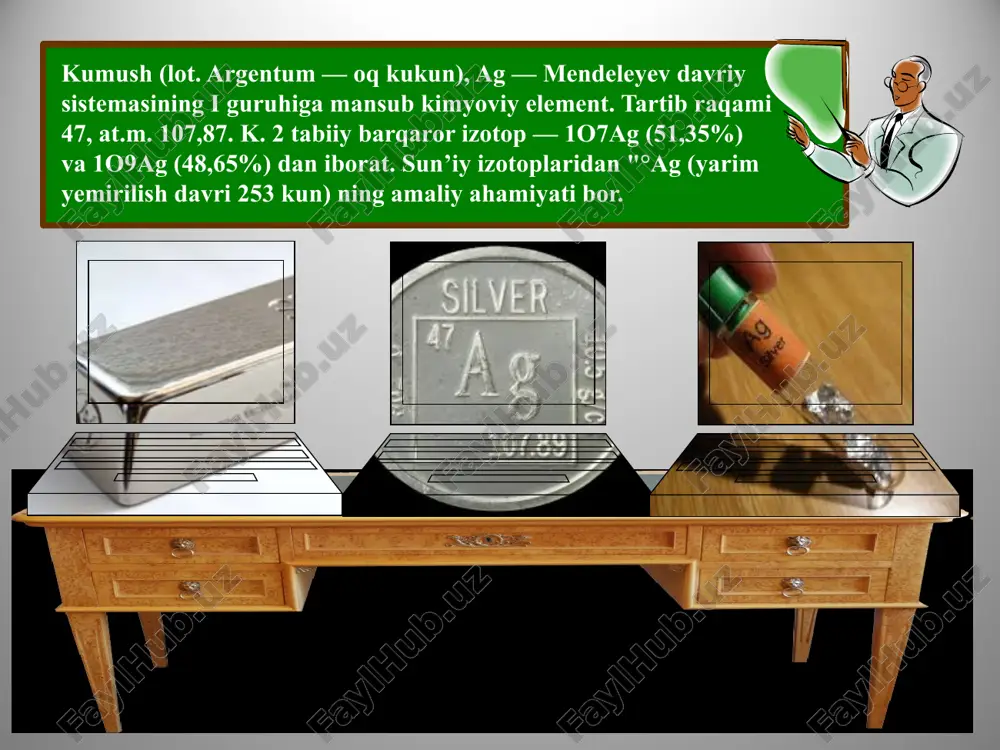bilan kumush karbidi аg2с2, fosfor bilan аgр, аg2р3 ва аgр2 hosil qiladi. qizdirilgan holatda kumush oltingugurt bilan tasirlashib ag2s hosil qiladi. bu birikma kumushdan oltingugurtni gaz holatda o’tkazishdan qaysiki sulfid minerallarining parchalanishidan chiqqan gaz tasirida sodir buladi. vodorodsulfidning oxista tasirlashuvi natijasida ham kumush yuzasida qora parda hosil bo’ladi ag2s. bu jarayon kumush buyumlarning vakt utishi bilan korayib kolish jarayonini izohlaydi. shuning bilan birgalikda kumush xlor, brom va yod bilan tasirlashib mutanosib ravishda ushbu metalmas galogenlarini xosil kiladi. bu jarayonlar oddiy sharoitda sekin kechib, namlik yoxud temperatura tasirida tezlashadi. kumush kimyoviy birikmalarda bir valentli, ammo uning 2 va 3 valentli bo‘la olish hollari ham uchraydi. uy sharoitida, namli havoda kumush metali sirtida yupqa 12a, qalinlikdagi kislorod pardasi hosil bo‘ladi, harorat osha borishi bilan, kislorod pardasi ham qalinlashadi. harorat 4000c0 ga yetganda kislorod kumushda ag2o sifatida eriydi. bosim 414 atm. bo‘lganda ago2 sistemasida 5070c0 da evtektika holati kuzatiladi (evtektika shu birikmada ikki …