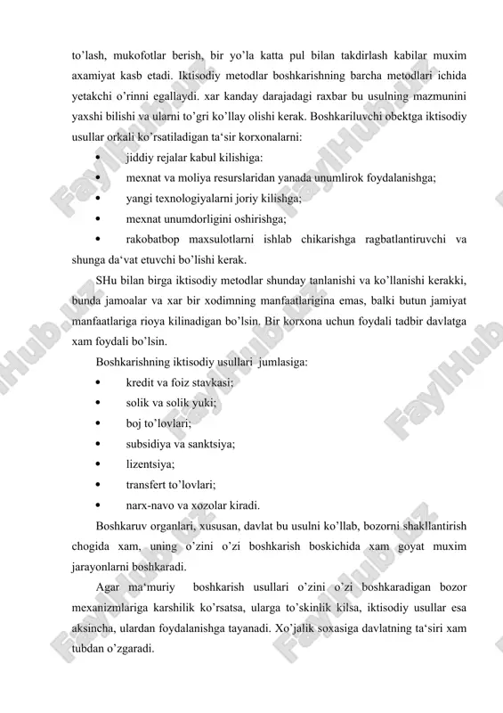 aroitlarini vujudga keltiradi. bu muammolarni yechimi boshkarishning yanada yumshok, samarali bo’lishini talab kiladi. nazorat va muhokama uchun savollar 1. boshkaruv usuli nima? 2. funktsional tizimosti obektlarini boshkarish usuli deganda nimani tushunasiz? 3. tashkiliy-ma‘muriy usullarini boshkarishdagi axamiyati kanday? 4. tashkiliy-ma‘muriy usullarining shakllarini ko’rsating? 5. tashkiliy ta‘sir ko’rsatish kanday amalga oshiriladi? 6. farmoyish berishning moxiyati nimadan iborat? 7. manfaatlarning boshkarishdagi o’rni va turlari? 8. boshkarishning iktisodiy usullarini moxiyati nimalardan iborat? 9. boshkarish kanday iktisodiy vositalari mavjud? 10. sotsial-ruxiy usullarning moxiyati nimalardan iborat? tashkiliy-ma‘muriy usullar farmoyishlar berish shakllari buyruқ chiқarish farmoyish berish қaror қilish kўrsatmalar berish va .k. tashkiliy ta‘sir kўrsatish shakllari loyiҳalash reglamentlash normalash қўllanmalar tayyorlash va .k.