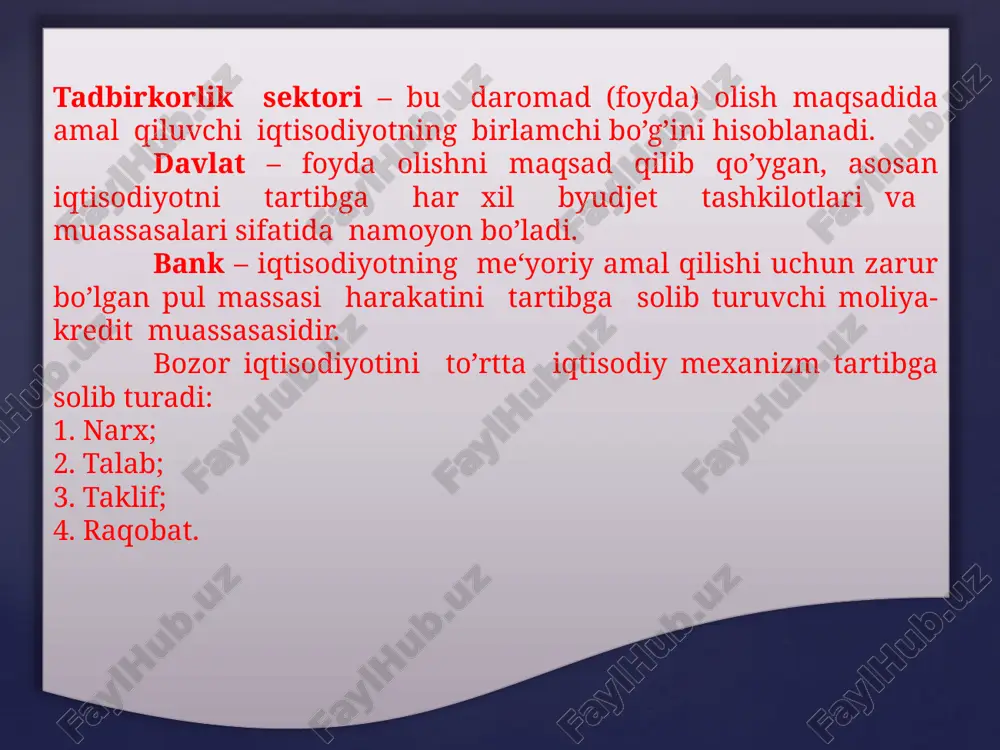 ishlab chiqarishning uzluksiz takrorlanib turishiga yordam beradi. bozor iqtisodiyotni tartibga solib turish vazifasini talab, raqobat va narxlar yordamida bajaradi. talab va taklifni jamlab, bu bilan nimani, qancha miqdorda va qaysi vaqtda ishlab chiqarish kerakligini aniqlab beradi.