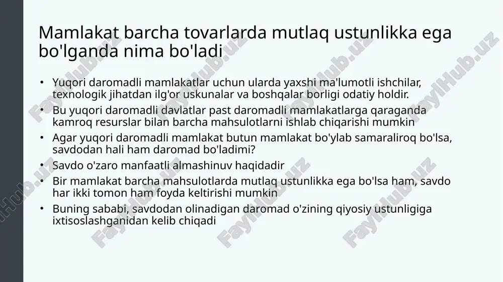 'doy tayyorlashning imkoniyat qiymati 2 ta kartoshka. aksincha, hindistonda bu atigi 1,25. shu sababli, eng past imkoniyat qiymatiga ega bo'lgan mamlakat qiyosiy ustunlikka ega. shunday qilib, bu holda hindiston bug'doy ishlab chiqarishda qiyosiy ustunlikka ega bo'ladi va bunga e'tibor qaratishi kerak. endi kartoshka ishlab chiqarishga qaraydigan bo'lsak, xitoyda 0,5 ga teng imkoniyat bor. boshqacha aytganda, u 0,5 bug'doyni qurbon qilishi kerak. shu bilan birga, hindiston 0,8 imkoniyat qiymatiga ega. shunday qilib, biz arzonroq imkoniyatga ega bo'lgan xalqni ko'rib chiqsak, xitoy qiyosiy ustunlikka ega bo'ladi. shuning uchun xitoy kartoshka yetishtirishga, hindiston esa bug'doyga e'tibor qaratishi kerak. savdo va daromadlar daromadlar mehnat unumdorligiga bog'liq ayrim mahsulot bo‘yicha mutlaq ustunlikka ega bo‘lgan mamlakatda mehnat unumdorligi yuqori bo‘ladi mamlakatdagi o'rtacha daromad uning o'rtacha mehnat unumdorligiga bog'liq qiyosiy ustunlik mutlaq ustunlikdan ko'ra muhimroq bo'lib, har ikki mamlakatda turmush darajasini maksimal darajada oshirish uchun qaysi davlat qaysi mahsulot bilan savdo qilishi kerak. o'xshash iqtisodiyotlar o'rtasida tarmoq …