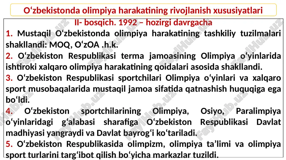 uyidagilardan tashkil topgan: - oʻzbekiston moq prezidenti, bosh kotib va vitse-prezidentlar; - xalqaro olimpiya qoʻmitasining oʻzbekiston respublikasida istiqomat qiluvchi aʼzolari; - olimpiya oʻyinlari dasturiga kirgan sport turlari xalqaro federatsiyalari aʼzolari hisoblanuvchi milliy sport federatsiyalari yoki moq va uning ijroqoʻmining koʻpchilik ovozini tashkil etuvchi vakillari. moq har bir sport turlari boʻyicha bunday xalqaro sport federatsiyalari boshchilik qiluvchi birdan ortiq milliy sport federatsiyalarini tan olmaydi; - olimpiya va milliy sport turi hisoblanmaydigan federatsiyalar vakillari; - sport tashkilotlarining umumiy yigʻilishlarida demokratik yoʻl bilan rivojlantiriluvchi qoraqalpogʻiston respublikasi, viloyatlar va toshkent shahri sport tashkilotlari vakillari; - davlat jismoniy tarbiya va sport boshqarmasi organlari, koʻngilli sport jamiyatlari va muassasalari vakillari; - oldingi va kelgusi olimpiya oʻyinlari atlet-ishtirokchi vakillari; - oʻzbekiston respublikasi milliy olimpiya akademiyasi prezidenti; - sport jurnalistlari federatsiyasi vakillari; - alohida shaxslar — olimpiya harakati taraqqiyotiga ulkan hissa qoʻshayotgan oʻzbekiston respublikasi fuqarolari (koʻzga koʻringan jamoat, fan va sanʼat arboblari); - oʻzbekiston moqning faxriy aʼzolari; - …