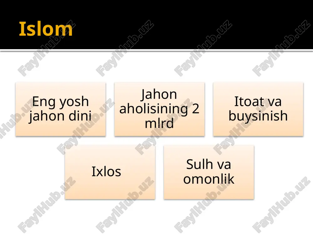 rida tinchliksevarlik va boshqa din vakillariga nisbatan bagʻrikenglik da'vat etilgan. 1 musulmonlarning eng afzali qoʻli va tilidan boshqalar ozor topmaganidir.(hadisdan) 2 alloh taolo qoningiz, molingiz va or-nomusingizni bir-biringiz uchun ana shu muqaddas shahringiz, tabarruk oyingiz va ulugʻ ayyomingiz kabi muqaddas qildi.(vidolashuv haji) 3 alloh bergan rizqdan eb-ichinglar, er yuzida buzgʻunchilik qilmanglar.(baqara 60) 4 allloh buzgʻunchi kimsalarning ishini oʻnglamaydi .(yunus 81). dinda zoʻrlash yoʻq .(baqara 256). islom ruknlari iymon namoz zakot ro’za haj xajar al-asvad (qora tosh) kaba aqida (arab. ishonch) shak keltirmasdan, muhokama qilmasdan bajarish, e'tiqod qilish lozim boʻlgan qoida va talablar muayyan ishonch va e'tiqod asosida shakllanadi . kishilar hayoti va turmushining barqaror hodisasi ularning ma'naviyati, ta'lim-tarbiyasi va xulq-atvoriga ta'siri kalom ilmi alloh va uning sifatlari insonlarning taqdiri qiyomat, jannat va doʻzax gunoh va savob aqidaviy masalalarni oʻrganuvchi kalom (arab. nutq, jumla, gap, soʻz) imom ash'ariy (873-935) va imom moturidiy (870-944) amalga oshiradilar islomda muayyan mantiqiy dalillarga tayanib, diniy …