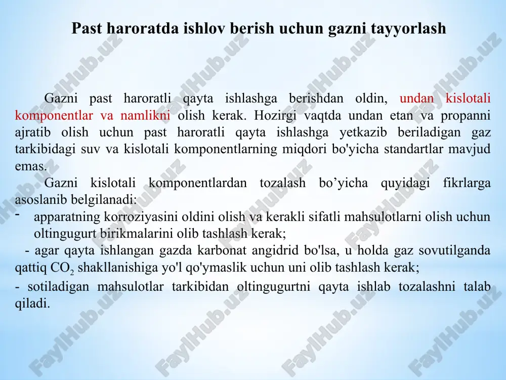 ikkita reaktorni talab qiladi. sulfren reaktoridan chiqadigan qoldiq gaz barcha oltingugurt birikmalari oltingugurt dioksidiga aylanadigan kuydirgichga yuboriladi. desorbsiya taxminan 300 0c haroratda tizimda aylanib yuruvchi gaz tomonidan amalga oshiriladi. desorbent - bu regeneratsion gaz puflagich tomonidan pompalanadigan tozalangan chiqindi gaz. issiqlik almashtirgichda u yondirgichdan chiqadigan gazlarning issiqligi bilan isitiladi va keyin reaktorga beriladi. sulfren reaktoridan chiqadigan regeneratsiya gazi oltingugurt kondensatorida sovutiladi va oltingugurt ajratgich orqali yana gaz puflagichga kiradi. chiqarilgan elementar oltingugurt suv muhri orqali klaus zavodining oltingugurt chuquriga yoki yig'ish idishiga oqadi. desorbsiyadan so'ng, sulfren reaktori tozalangan gaz bilan yana 130-150 °c haroratgacha sovutiladi va adsorbsion rejimga o'tishga tayyorlanadi. masala: tabiiy gaz tarkibida (hajm bo’yicha) 0,2% h2s, 0,01% metantiol va 0,0015% etantiol mavjud. tabiiy gaz tarkibidagi umumiy oltingugurt miqdorini toping. g - gaz tarkibidagi umumiy oltingugurt miqdori g/m3, yi – gaz tarkibidagi oltingugurtli komponentning hajmi (mol) % p - zichlik m – molekulyar massa n – oltingugurt atomlari soni …