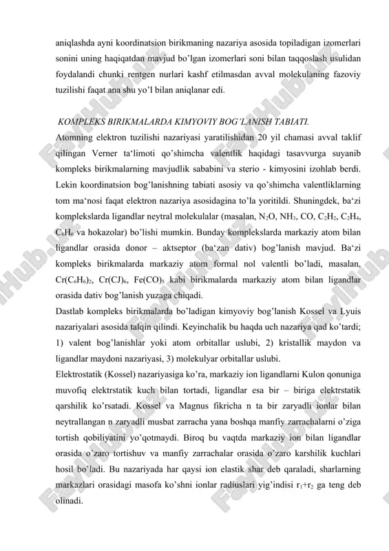 dinatsion kovalent bog’lanishda esa, elektron juftlar reaktsiyadan avval o’zaro birikuvchi zarrachalarning birida bo’ladi, keyin umumiy bo’lib qoladi (donor–aktseptor bog’lanish). masalan, ammiak kislotalar bilan reaktsiyaga kirishganda ammiakning azot atomidagi elektron jufti vodorod ioni bilan ammiak o’rtasida umumiy bo’lib qoladi. h h h h : : +h+cl – → [h : : h]+cl – yoki [h – – h]cl h h h dagi barcha n – h bog’lanishlar bir – biridan sira farq qilmaydi. bu reaktsiyada ammiak molekulasidagi azot atomi donor, vodorod ioni esa aktseptor vazifasini bajaradi. ammiak molekulasida o’zining elektron muftini vodoroddan boshqa ionlarga ham berish mumkin. masalan; nh3 su2++ 4nh3 → [h3n : : nh3 ]2+ nh3 g. lyuis bu reaktsiyalarni kislota bilan asosning o’zaro ta‘sirlanish reaktsiyasi deb qaradi. g.lyuns nazariyasiga muvofiq, kislota deganda o’ziga elektron juftlarni qo’shib olish qobiliyatiga ega bo’lgan moddani tushunish kerak, asos esa o’zidan elektron juftlar berishga qobil moddadir. yuqoridagi misolda cu2+ kislota va nh3 asos …