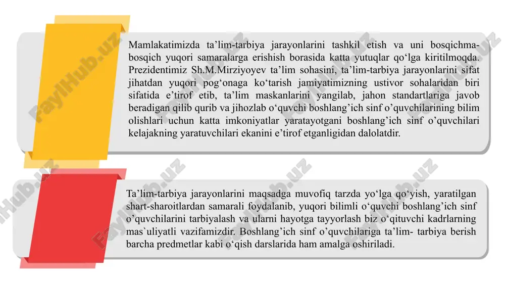 oʻrtasidagi bogʻlanishning mavjudligi. tarbiya mazmuni – shaxsning shakllanishiga qoʻyiladigan ijtimoiy talablar mohiyatidan iborat boʻlib, ijtimoiy-iqtisodiy taraqqiyot, kishilik munosabatlari mohiyati va darajasi, jamiyat mafkurasi gʻoyalari asosda belgilanadi. tarbiya – ma’naviy manbalar va hozirgi zamon talablari va ehtiyojlarini nazarda tutgan holda, oʻqituvchining oʻquvchi bilan aniq bir maqsadga qaratilgan oʻzaro amaliy va nazariy muloqotidir tarbiya jarayoni oʻzaro bogʻliq boʻlgan ikki faoliyatni – oʻqituvchi va oʻquvchi faoliyatini oʻz ichiga oladi. tarbiya jarayonida oʻquvchining ongi shakllana boradi, his va tuygʻulari rivojlanadi, ijtimoiy hayot uchun zarur boʻlgan va ijtimoiy aloqalarga xizmat qiladigan xulqiy odatlari hosil boʻladi. tarbiya jarayonida bolalarning hayoti va faoliyatini pedagogik jihatdan toʻgʻri uyushtirish gʻoyat muhimdir. faoliyat jarayonida bola tashqaridan kelayotgan tarbiyaviy ta’sirga nisbatan ma’lum munosabatda boʻladi. bu munosabat shaxsning ichki ehtiyoji va xohishlarini ifodalaydi. psixologlar va pedagoglarning tadqiqotlari shaxsga tashqi omillarning (xoh ijobiy, xoh salbiy) ta’siri bolaning ularga munosabatiga bogʻliqligini koʻrsatadi. bolaning shaxsiy tajribasi ehtiyojlari tashqi ta’sirga munosabatini belgilab beradi va uning xulqida …