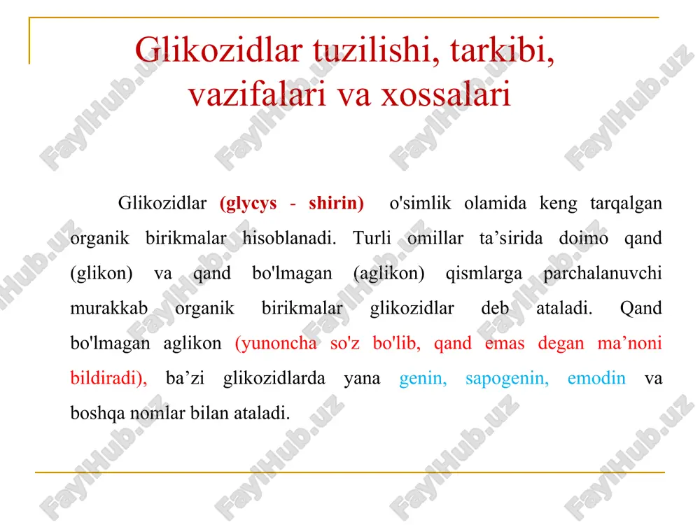 ozidlarning aglikonlari siklopentanopergidrofenantren unumlari bolsada, ularning kimyoviy tuzilishlari va ayniqsa, fiziologik ta’siri bir-biridan katta farq qiladi. steroid glikozidlar ba’zilarining aglikonlari o'z molekulasida azot atomini saqlaydi, masalan: steroid alkaloidlar. ayrim glikozidlarning suvdagi eritmasi turghan ko'pik hosil qilish va qizil qon tanachalari - eritrotsitlarini eritish xossasiga ega, masalan, steroid saponinlar. 5. terpenoidli glikozidlar - izopren (cshs)p hosilalari: bo'lib, unga: - achchiq monoterpenlar - (c5h8)2 - triterpen saponinlar - (c5h8)6 kiradi. 6. fenologlikozidlar - aglikon qismi qandaydir fenolli birikma bilan bo‘langan. bu guruh o'z ichiga: flavonoid, kumarin, antratsen hosilalari, ksanton, oshlovchi moddalar va boshqalarni qamrab oladi. 7. kam o'rganilgan glikozidlar. yuqorida keltirilgan glikozidlardan tashqari oshlovchi moddalardan katta bir guruhi (gidrolizlanuvchi oshlovchi moddalar), qisman kumarinlar (kumarin glikozidlar) va boshqa birikmalar ham glikozidlarga kiradi. lekin fenolglikozidlar, antraglikozidlar, flavon glikozidlar, oshlovchi moddalar, kumarinlar fenollarning unumlari bo'lgani uchun farmakognoziya kursining tegishli boshqa bo'limlarida ko'riladi. glikozidlarni o'simlik olamida tarqalishi glikozidlar tabiatda eng keng tarqalgan tabiiy birikmalar sanaladi. ko‘pincha …