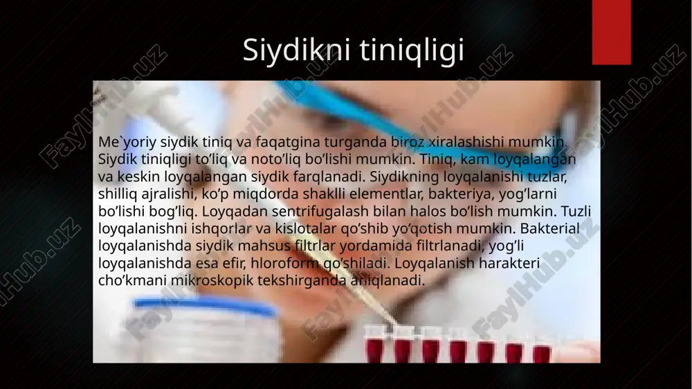 ilan o’tkaziladi. chamalovchi miqdoriy chamalash usuli siydikda kasallik belgilari borligi haqida ma`lumot beradi. miqdoriy usullar esa patologik o’zgarishlarni ifodalanganligini baholashga qaratiladi va siydikning ertalabki portsiyasida o’tkaziladi. siydik cho’kmasini tayyorlash sentrifuga probirkasiga aralashtirilgan siydikdan 10-12 ml solinadi 10 -15 daqiqa davomida 1500-2000 ta aylanish/daqiqa tezlikda sentrifugalanadi cho’kma ustidagi siydik tezlik bilan to’kib tashlanadi. (probirka ag’dariladi) cho’kma pipetka bilan aralashtiriladi cho’kma tomchisi buyum oynachasi ustiga tomiziladi va ustidan qoplaqich oyna bilan yopiladi. mikroskopik tekshirish preparat kichik kattalashtarish (okulyar 10 yoki binokulyar 7 yoki 10, ob`ektivlar 8 yoki 10, 20), so’ng yirik kattalashtirishda (okulyar 10 yoki binokulyar okulyarlari bilan, 7 yoki 10 va 40 ob`ektivi bilan) ko’riladi. mikroskopik tekshirish orqali shaklli elementlar, epitelial hujayralari va silindrlar aniqlanadi va sanaladi. shaklli elementlarni aniqlash shaklli elementlar (eritrotsitlar, leykotsitlar) bir necha ko’rish maydonida mikroskopning yirik kattalashtirganda sanaladi. javob ko’rish maydonidagi hujayralar soniga qarab beriladi. agar hujayra elementlari ko’p va ko’rish maydonida ularni sanab bo’lmasa, unday holda …