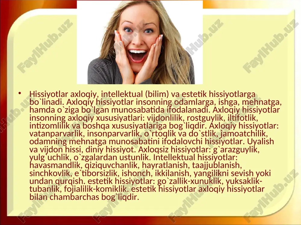 , quvnoq, ma`yus kishilarga ajratish mumkin. ma`naviy his-tuyg`ular shaxsni jiddiy xarakterlab beradi. agar ular kishini muayyan ijobiy harakatlarga undaydigan bo`lsa, bu hol shaxsning yuksak ma`naviy darajaga ega ekanligidan dalolat beradi. qarama-qarshi his-tuyg`ularning kishilarga g`arazgo`ylik va hatto nafrat bilan qarash, rangi sovuqlikning kishini toshyurak , shafkatsiz o`zidan boshqani sevmaydigan befarq shaxsiyatparastga aylantiradi. nafrat tuyg`usi vatan dushmanlariga , tekinxo`rlarga qaratilgan bo`lsa bu boshqa gap. o`zining emosiyalarini boshqara bilish kishi hayotida katta ahamiyatga egadir. o`zining his-tuyg`ularini yaxshi bosib tura oladigan shaxs mayda, tuban kishini ezadigan kechinmalardan ancha yuqori turadi va chinakamiga baxtiyor bo`ladi. hissiyotlar shaxs faoliyatining muhim jabhasi sifatida insondagi keng emotsional sohasining rang-barangligi, ko'p qirraligi haqida emotsional ton (yunoncha tonos - zo'riqish, urg'u berish ma'nosini bildiradi), emotsiyalar (lotincha emovere - qo'zg'atish, hayajonlanish demakdir), affektlar (lotincha affectus - ruhiy hayajon, shijoat, ehtiros ma'nosini anglatadi), stress (inglizcha stress - zo'riqish deganidir) va kayfiyat kabi tushunchalar orqali muayyan tasavvur berish imkoniya-tiga ega. kishi idrok etish, …