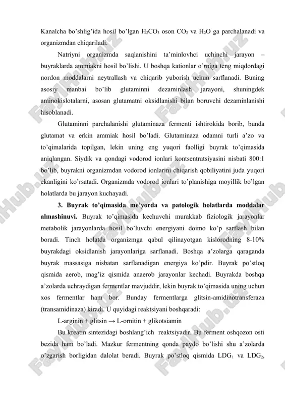 xos fermentlar ham bor. bunday fermentlarga glitsin-amidinotransferaza (transamidinaza) kiradi. u quyidagi reaktsiyani boshqaradi: l-arginin + glitsin → l-ornitin + glikotsiamin bu kreatin sintezidagi boshlang’ich reaktsiyadir. bu ferment oshqozon osti bezida ham bo’ladi. mazkur fermentning qonda paydo bo’lishi shu a’zolarda o’zgarish borligidan dalolat beradi. buyrak po’stloq qismida ldg1 va ldg2, mag’iz qismida esa ldg5 va ldg4 uchraydi. buyrakning o’tkir yetishmovchiligida qon zardobida ldg1 va ldg2 faolligi ortadi. alaninaminopeptidaza (aap) izofermentlarini faolligini aniqlash ham muhim ahamiyatga ega. aap ning 5 ta izofermenti mavjud bo’lib, aap3 buyraklarda uchraydi. buyrak to’qimasi jarohatlanganda qonda va siydikda bu ferment mavjudligi aniqlanadi. buyrak kasalliklarini tashxis qilishda siydikdagi fermentlar faolligini tekshirish ham muhimdir. buyrakni o’tkir yallig’lanish jarayonlarida koptokcha membranalarini o’tkazuvchanligi ortadi. bu hol oqsil, shuningdek, fermentlarni siydik bilan chiqarilishiga olib keladi. umuman, buyrak to’qimasida modda almashinuvini o’zgarishi koptokchada qon aylanishini blokadasi, filtratsiya va reabsorbtsiyani buzilishi, siydik chiqarilishini blokadasi, sekretsiyani buzilishi va boshqalar bilan chaqirilishi mumkin. 4. siydikning kimyoviy …