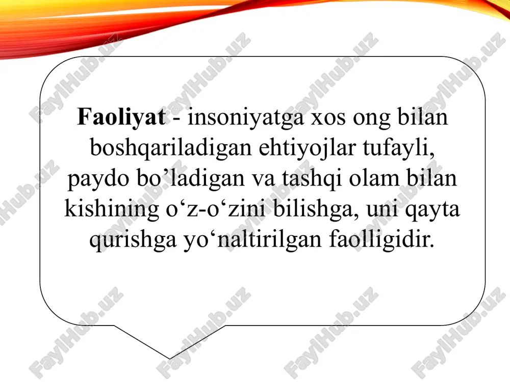 ek, yurak, miya inson tug‘ilgan paytdan mavjud bo‘ladi. boshqa hamma narsalar aqliy va axloqiy xususiyatlar, xarakter xislatlari, bilim insonning o‘z faoliyati mobaynida yuzaga keladi. insonni xatti-harakati va ma’lum ehtiyojlarini qondirish bilan bog‘liq faoliyatga undovchi sababga motiv deyiladi motivatsiya-nima? motivatsiya- odamni faol faoliyatga undovchi sabablar majmui bo‘lib, xulq atvorni psixologik va fiziologik boshqarishning dinamik jarayoni hisoblanidi. tashabbus tashkilotchilik qo‘llab-quvvatlash yo‘nalganlik motivatsiya inson xulq atvori, uning bog‘lanishi, yo‘nalishi va faolligini tushuntirib beruvchi psixologik sabablar majmuini bildiradi. shaxs xulq-atvorini ichkaridan, ichki psixologik sabablar tufayli boshqarish odatda shaxsiy dispozitsiyalar ham deb ataladi dispozitsiya anglanmagan anglangan har qanday motivlarning orqasida shaxsning ehtiyojlari yotadi. inson ehtiyojlari, maqsadi, istagi, qiziqishlari shaxsiy holatlardir. d.maklelland, d.atkinson, x.xekxauzen faqat muvaffaqiyat motivi bilan ishlaydiganlar oldindan ishonch bilan shunday ish boshlaydilarki, nima qilib bo’lsa ham yutuqqa erishish ular uchun oliy maqsad bo’ladi. ular hali ishni boshlamay turib, yutuqni kutadilar va shunday ishni amalga oshirishsa, odamlar ularning barcha harakatlarini ma’qullashlarini biladilar. bu yo’lda …