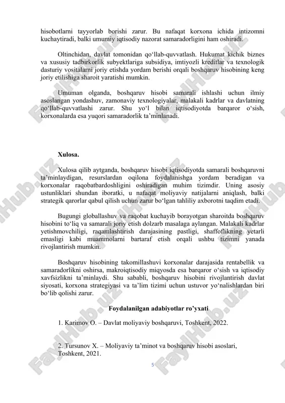 sobi aniq, tezkor va shaffof bo‘ladi. davlat esa kichik biznes uchun qulay dasturiy ta’minotlarni joriy etishga ko‘mak berishi mumkin. uchinchidan, xalqaro tajribani o‘rganish va moslashtirish. rivojlangan davlatlarda boshqaruv hisobi bo‘yicha qo‘llanilayotgan ilg‘or usullarni o‘rganib, mahalliy sharoitga moslashtirish katta samara beradi. bu orqali o‘zbekiston korxonalari xalqaro bozorlarda ham raqobat qila oladi. to‘rtinchidan, kadrlar salohiyatini oshirish. oliy o‘quv yurtlarida boshqaruv hisobi faniga ko‘proq vaqt ajratish, talabalarni amaliyot bilan yaqinlashtirish, korxonalarda malaka oshirish dasturlarini tashkil etish muhim ahamiyatga ega. shuningdek, amaliyotchi mutaxassislar uchun doimiy treninglar o‘tkazilishi kerak. beshinchidan, shaffoflik va hisobdorlikni ta’minlash. har bir korxona o‘z boshqaruv hisobi natijalari bo‘yicha muntazam ravishda ichki va tashqi hisobotlarni tayyorlab borishi zarur. bu nafaqat korxona ichida intizomni kuchaytiradi, balki umumiy iqtisodiy nazorat samaradorligini ham oshiradi. oltinchidan, davlat tomonidan qo‘llab-quvvatlash. hukumat kichik biznes va xususiy tadbirkorlik subyektlariga subsidiya, imtiyozli kreditlar va texnologik dasturiy vositalarni joriy etishda yordam berishi orqali boshqaruv hisobining keng joriy etilishiga sharoit yaratishi mumkin. …