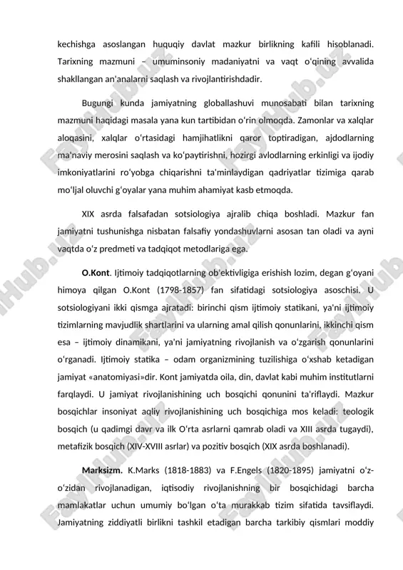 tafizik bosqich (xiv-xviii asrlar) va pozitiv bosqich (xix asrda boshlanadi). marksizm. k.marks (1818-1883) va f.engels (1820-1895) jamiyatni o‘z-o‘zidan rivojlanadigan, iqtisodiy rivojlanishning bir bosqichidagi barcha mamlakatlar uchun umumiy bo‘lgan o‘ta murakkab tizim sifatida tavsiflaydi. jamiyatning ziddiyatli birlikni tashkil etadigan barcha tarkibiy qismlari moddiy ishlab chiqarish munosabatlari bilan belgilanadi. mazkur munosabatlar majmui bazisni, ya'ni jamiyatning iqtisodiy negizini tashkil etadi. shu asosda jamiyatning o‘ziga xos ijtimoiy munosabatlar amal qiladigan muayyan-tarixiy tipi shakllanadi. jamiyatning umumiy iqtisodiy asosda shakllanadigan va «alohida, o‘ziga xos xususiyat»ga ega bo‘lgan tipini marks ijtimoiy-iqtisodiy formatsiya deb belgilaydi. ijtimoiy-iqtisodiy formatsiyalarning o‘zgarishiga marks pirovard natijada ishlab chiqarish kuchlari va ishlab chiqarish munosabatlarining dialektikasi bilan belgilanadigan qonuniy, tabiiy-tarixiy jarayon sifatida qaraydi. g.spenser. sotsiologiyada organik yo‘nalish asoschisi gerbert spenser (1820-1903) jamiyatga individlar birlashmasi sifatida yondashadi. uning fikricha, mazkur individlarning rivojlanishidagi farqlar jamiyat evolyusiyasining dastlabki shartlari hisoblanadi. jumladan, ibtidoiy qabilalar rivojlanishda oqsaganini spenser ularning qobiliyatlari rivojlanish darajasining pastligi bilan tushuntiradi. eng moslashuvchan jamiyatlarning yashash uchun …
