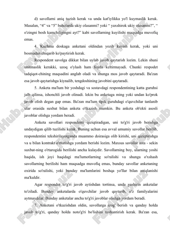 etalarda o'quvchilar javob qaytarib, o'z familyalarini aytmaydilar. bunday anketalar ancha to'g'ri javoblar olishga yordam beradi. 7. anketani o'tkazishdan oldin, savollarga izog' berish va qanday holda javob to'g'ri, qanday holda noto'g'ri bo'lishini tushuntirish kerak. ba'zan esa, javoblarning bir necha variantlarini berish kerakki, o'quvchi undan o'z muloxazamiga to'g'ri keladigan javobni tanlasin. pedagogik tadqiqotda anketa bilan birga kullaniladigan sosiologik metodlardan biri suxbatdir. pedagogik faoliyatning o'rganishda suxbat metodidan o'zok yillardan beri foydalaniladi. 1899 yildayoq pedagogik faoliyatning motivi to'g'risida 6000 o'qituvchi fikrini analiz qilish asosida tadqiqot bosilib chiqqan edi. 1911 yilda 14 mingdan ortikrok o'qituvchidan olingan anketa so'roqlari statistik tuldirildi.( anketa ma'lumotlari suxbatlar yordamida tekshiriladi.) standartlashtirilgan eski rasmiylashtirilgan suxbatlar bo'ladi. pedagogik tadqiqotchilar standartlash-tirilgan suxbatdan boshlanadi.chunki u hayotiy vaziyatda, respondentga uning o'rganilayotganligini bildirmasdan utkaziladi. lekin bunday suxbatning yakunlarini yozib borish biroz kiyinchilik tugdiradi, ba'zan suxbat davomida tadqiqot maqsadga mos bulmagan informasiyalar ham bulib turadi.( ba'zan suxbatdosh boshqa narsaga qiziqib suxbat predmetidan tashqari chikib ketadi) bunday suxbatlarni …