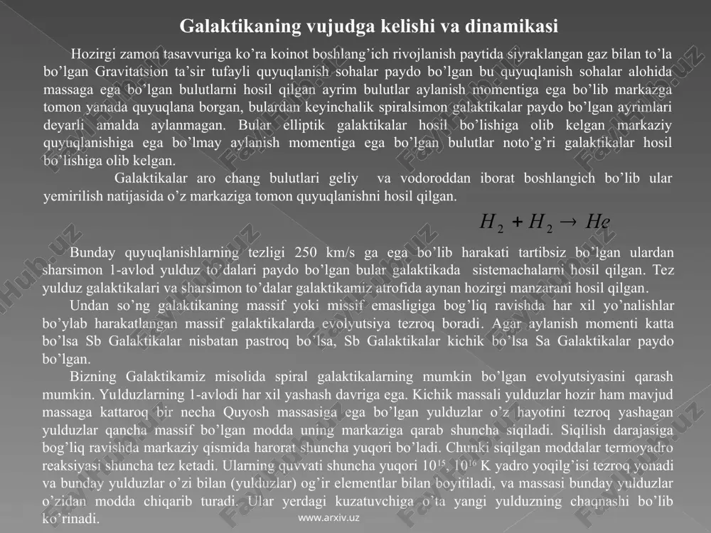 lar miqdori galadagi yulduzlar tarkibida juda kam, tekislik tashkil etuvchi qismyulduzlarida esa, aksincha, ko’p miqdorda ekan. quyosh o’rin olgan joyda gardishsimon qatlam aylanishining chiziqli tezligi galoning aylanish tezligidan 5 – 6 marta kattaligi ma’lum bo’ldi va h.k. nazariy tadqiqotlarga ko’ra, protogalaktikaning siqilishi boshlanishi bilan gravitatsion beqarorlik natijasida undan turli quyuqlanishlar va bo’laklar vujudga kelib, ular massasi oralig’ida bo’lishi mumkin. bu bulutlar markaz tomon osongina tushib borib, ba’zilari bir – birlari bilan o’z xususiy harakatlari tufayli to’qnashib ketadilar. to’qnashish natijasida paydo bo’lgan yangi bulutlar yulduzlar tug’ulish yanada tezroq sodir bo’ladi. buning oqibatida birinchi yulduzlar va ularning to’dalari tug’ila boshlaydi. protogalaktika evolyutsiyasi davrida eng katta bo’lgan yulduzlarning hayot yo’li juda qisqa ekanligini biz yaxshi bilamiz. ularning markazida termoyadro reaksiyalari tugagandan so’ng yangi yulduz portlashi ro’y beradi. o’ta yangi yulduzlar tufayli esa protogalaktika gazining tarkibida og’ir elementlar miqdori keskin ravishda oshib ketadi. shuning uchun kamroq vujudga keladi yulduzlar tarkibida qator og’ir metallar hamda …