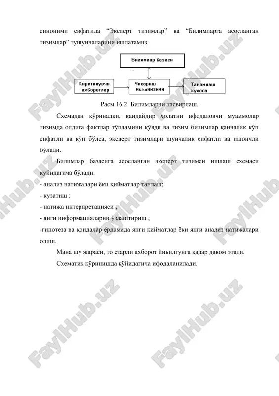 ан четлаштириш керак. билимларни тасвирлайдиган тизимлар махсулий продукцион тизимлар деб ном олди. эксперт тизимларининг қўлланиши бўйича махсулотларни “вазият ҳаракат”, “ҳолат ечимини қабул қилиш”, “жўнатиш- хулоса” тарзида талқин қилиш мумкин. дедуктив хулоса тизимси учун ўзига хослик – бу “жунатиш-хулоса” кўриншда талқин қилинади. бу жунатишлар ва хулосалар – аксиома ва теоремаларни, махсулотларни ўзи эса хулоса қоидаларни ифодалайди. махсулотлар тилининг асосий элеманти қуйидаги конструкциядир: (i), ð, ðj ; a=b; (i) q бу конструкция қуйидагича ифодаланиши мумкин: “агар р шарт бажарилса ва а шарт ўринли бўлса, у ҳолда в ишни қилиш в махсулотнинг i номерли шартини q шартига ўзгартириши керак”. бизнинг мисолда, i- қоиданинг тартиб номери. мисол тариқасида қуйидаги формулани кўрамиз. р=р1 vv р2 vv р3 vv р4 бунда р1 – тирсотоксикос, р2 – қандли диабет, р3- аддисионе касаллигини компирсен шакли, р4 –коронар (юрак кон танқислигининг оьир формаси). а- гипотерсоз, в-тирсоденнинг 0.3 гр қабули, q қийматини 0.3гр га ошириш керак бўлсин. предикат рк (q>1) …