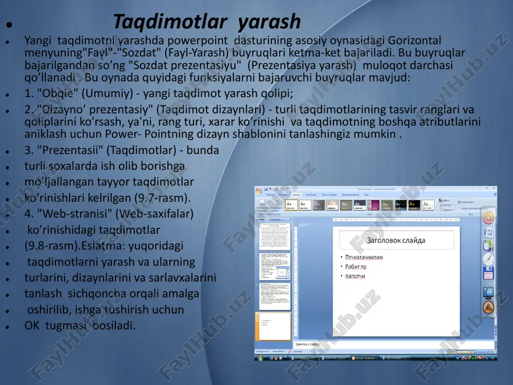 n tugmachalar chap tomondagi "risovanie" (chizish) xamda "risovanie +" (chizish +) panellariga joylashgan. slaydlarni ko’chirish, nusxa olish va qayta takrorlash yaratilayotgan taqdimotga sarf qilinadigan vaqtni: - tayyor slaydlarni takrorlash; - boshqa taqdimotga yaratilgan slaydlarni ko’chirish yoki nusxa olish orqali tejash mumkin. bir taqdimotda slaydlarni qayta takrorlash 1. +ayta takrorlanadigan slaydni belgilang. 2. "vstavka" (qo’yish) menyusidagi "dublirovat slayd" (slaydni takrorlash) buyruqini tanlang. boshqa taqdimotga slaydlarni ko’chirish 1. joriy xamda slayd ko’chirilayotgan taqdimotlarni oching va "slaydlarni saralash"rejimiga o’ting. 2. ikkala slaydni bir oynada yonma-yon aks ettirish uchun "okno" menyusida "uporyadochit vsyo" (barchasi tartiblansin) buyruqini tanlang. 3. tanlangan slaydni bir taqdimotdan ikkinchisiga olib o’ting. boshqa taqdimotga slaydlardan nusxa olish 1.boshqa taqdimotda nusxasi o’tkaziladigan slaydlardan oldin turuvchi slaydni belgilang. 2."vstavka" (qo’yish) menyusidagi "slaydi iz faylov" (fayllardan slaydlar) buyruqini tanlang. 3.nusxasi o’tkaziladigan slaydlar turgan taqdimotni toping va uni belgilang. 4.nusxasi o’tkaziladigan slaydlarni belgilang va "vstavit" (qo’yilsin) tugmachasini bosing. e’tiboringiz uchun rahmat! image1.jpg image2.jpeg image3.png image4.jpeg …