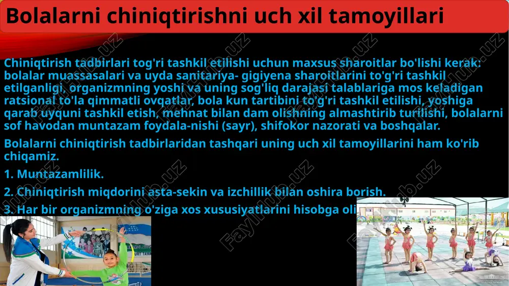 alo ham chiniqtirish bunda terining qizarishi va asta-sekin isishi sodir bo'ladi. bunda odam issiqlikdan xushnud bo'lib tetiklashadi va unda muskullar faolligi paydo bo'ladi. qon tomirlarining qisqarishi, keyinchalik esa ularning - bu yurak-qon tomir tizimi uchun o'ziga xos bir gimnastika bo'ladi. buning natijasida qon aylani- shi yaxshilanadi. sovuq suvda chiniqish eng avvalo organizmdagi termoregulatsiyaning takomillashuvidir. suv tadbirlari artinish, boshdan suv quyish, dush, cho'- milish (basseyn, daryo, ko'l, dengiz) kabi muolajalardan iborat. shifokorning bolalarning yakka xususiyatlari va sog'lig'ini hi- sobga olib bergan tavsiyasi bu muolajalarni belgilash uchun asos bo'lib xizmat qiladi. artinish hamma yosh guruhlarida yumshoq bo'lmagan qo'l- qopchalar bilan o'tkaziladi. doira yoki yarim doira bo'lib tur- gan holda, ular bir vaqtda ko'krak, yelka va qo'llarini ishqalab artadilar, shundan so'ng o'girilib qo'lqoplarining orqada tur- gan bolalarga beradilar va ularning har biri o'rtog'ining orqasi- ni ishqalaydi. shunday qilib bola artinish jarayonida harakatda bo'ladi, sovuq qotmaydi va tarbiyachi rahbarligida zarur hayotiy ko'nikmaga o'rganadi. butun …