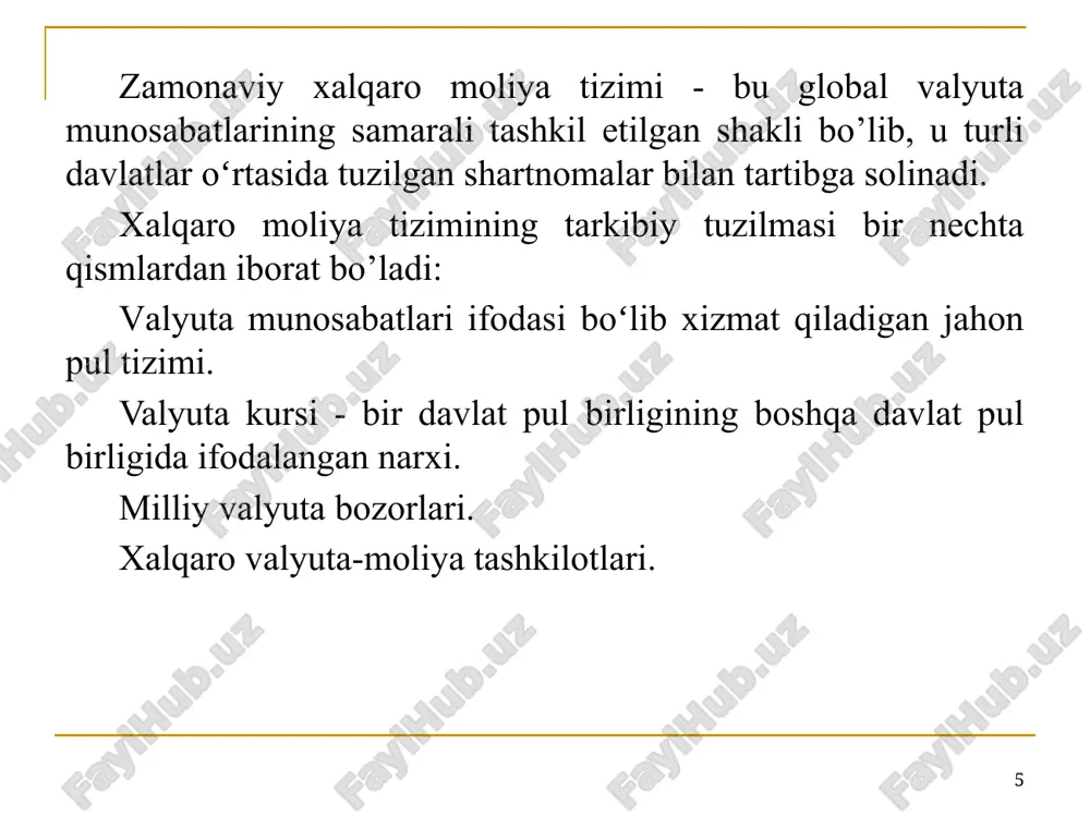 utlarini tartibga solish: xalqaro moliya tizimini barqarorlashtirishga qaratilgan chora-tadbirlarni ishlab chiqish hamda joriy etish orqali milliy moliyaviy institutlarni isloh qilish; toʻlov tizimlari, buxgalteriya hisobi va auditning takomillashgan standartlarini hamda bankrotlik tartib-qoidalarini ishlab chiqish va joriy etish orqali moliya tizimi infratuzilmasini mustahkamlash; rivojlanayotgan va rivojlangan mamlakatlarda moliyaviy operatsiyalarni nazorat etishning mustahkam xuquqiy tartibini joriy etish; offshor hududlar faoliyatida xalqaro tartiblarni to’liq joriy etish uchun sharoit yaratish; xalqaro kapital harakatini qattiq nazorat qilish. 15 2. yangi iqtisodiy siyosatga oʻtish: ichki bozorlarning faoliyat yuritish erkinligini kengaytirish va rivojlanayotgan mamlakatlar bozorlarida valyutani tartibga solishning samarali mexanizmini joriy qilish hamda xalqaro moliya munosabatlari rivojlanishi uchun eng maqbul shart-sharoitlarni yaratish; ijtimoiy qoʻllab-quvvatlashning xalqaro transfertlari tizimida baravarlikni ta’minlash; xususiy biznesni davlat tomonidan yanada qoʻllab-quvvatlash va ijtimoiy imtiyozlarni ob’ektiv taqsimlash mexanizmlarini ishlab chiqish; inqiroz jarayonlarining ta’siri ostida aholining moliyaviy yoʻqotishlarini kamaytirish variantlarini oʻrganish, shuningdek jamiyatning eng zaif qatlamlari himoyasini ta’minlashga qaratilgan siyosatni shakllantirish; xususiy va davlat sektori, shuningdek, …