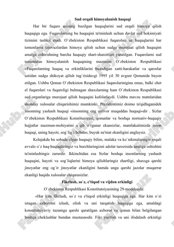 muqarrar ekanligi haqida xulosalar chiqarasizlar. fikrlash, so`z, e'tiqod va vijdon erkinligi o`zbekiston respublikasi konstitutsiyasining 29-moddasida: «har kim fikrlash, so`z va e'tiqod erkinligi huquqiga ega. har kim o`zi istagan axborotni izlash, olish va uni tarqatish huquqiga ega, amaldagi konstitutsiyaviy tuzumga qarshi qaratilgan axborot va qonun bilan belgilangan boshqa cheklashlar bundan mustasnodir. fikr yuritish va uni ifodalash erkinligi faqat davlat siri va boshqa sirlarga taalluqli bo`lgan taqdirdagina qonun bilan cheklanishi mumkin» deyiladi. fikr yuritish bu-insonning o`z bilimi va ishonchiga asoslanib, hayot, jamiyat, davlat hayoti va ijtimoiy-siyosiy muommolarga doir mulohaza va qarashlarini erkin bayon qilish huquqidir. inson va fuqarolarning bu huquqi konstitutsiya va o`zbekiston respublikasining «fuqarolarning murojaatlari to`g`risida» gi 1994 yil 6 may qonuni bilan kafolatlanadi. ushbu qonunda fuqarolarning davlat organlariga, jamoat birlashmalariga, mulkchilik shaklidan qat'iy nazar korxonalar, muassasalar va tashkilotlarga murojaat qilish huquqini ifoda etuvchi asosiy qoidalarni, shuningdek fuqarolarning murojaatlarini ko`rib chiqish tartibi va muddatlari belgilangan. so`z erkinligi bu fuqarolarning og`zaki ravishda …