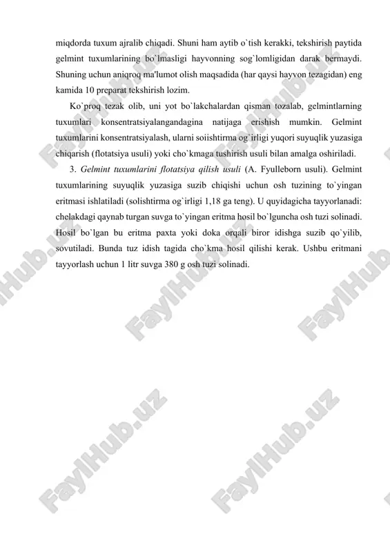 o`lgan bu eritma paxta yoki doka orqali biror idishga suzib qo`yilib, sovutiladi. bunda tuz idish tagida cho`kma hosil qilishi kerak. ushbu eritmani tayyorlash uchun 1 litr suvga 380 g osh tuzi solinadi. tekshirish uchun 5-10 g tezak olinib, biror stakanga solinadi va bir qism tezakka 20 qism to`-yingan eritma soli-nadi. hosil bo`lgan aralashma shisha yoki yog`och tayoqcha bilan aralashtirilib, sut simli to`r yoki doka-dan toza stakanga suziladi. mazkur ara-lashma 30-40 daqiqa tindiriladi. natijada solishtirma og`irligi to`yingan osh tuzining solishtirma og`irligi-dan kam bo`lgan gelmint tuxumlari eritma yuziga qalqib chiqadi. so`ngra suv yuziga qalqib chiqqan gelmint tuxumlarining yupqa pardasi sim ilmoqcha (74-rasm, «a») bilan kesiladi va bir necha tomchi suyuqlik buyum oynasi ustiga quyilib, usti qoplagich oyna bilan qoplanadida, mikroskopda tekshiriladi. namuna tez qurib qoladi, shuning uchun ham uni darhol tekshirish kerak. agar namuna quriy boshlasa, unda qoplagich oyna ostiga pipetka bilan suv yoki teng miqdorda suv bilan suyultirilgan glitserin tomiziladi. simli …