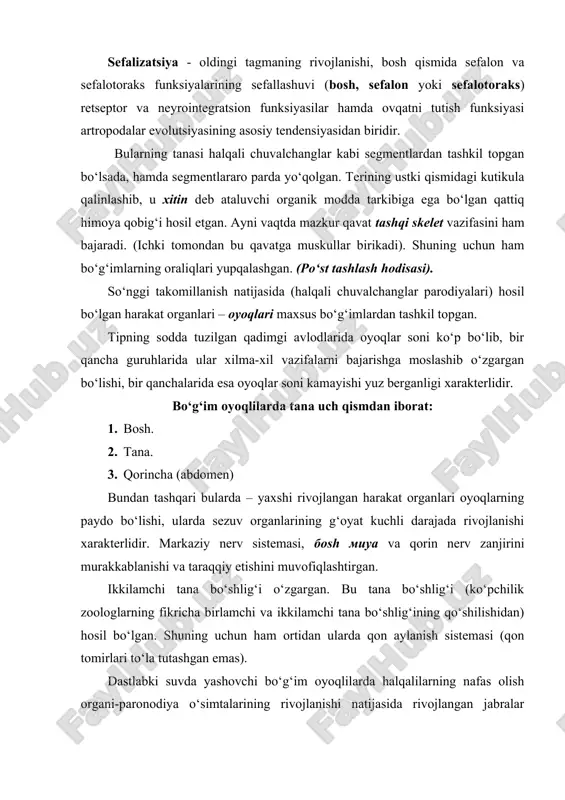 rgani-paronodiya o‘simtalarining rivojlanishi natijasida rivojlangan jabralar bo‘lib, bir qanchalarida havodan nafas olishga moslashgan varaqchalar (o‘pka) yoki naychalar sistemasi (traxeya) taraqqiy etgan. bo‘g‘im oyoqlilarning hamma avlodlari jinsiy yo‘l bilan ko‘payadi. bularning hamma avlodlarida embrion taraqqiyoti lichinkalik davrini o‘taydi. juda ko‘p hodisalarda lichinka to‘la o‘zgarishli “метаморфоз” orqali rivojlanadi. trilobitsimonlar (trilobitomorpha) kenja tipi xilma-xilligi va filogeniyasi. trilobitomorpha kembriy davrida paydo bo’lgan. dastlabki dengiz qazilma bo’g’imoyoqlilari bo’lib, ko’pgina xozirgi umurtqasizlarni kelib chiqishi bilan ham bog’liq. trilobitlar monofilitik takson bo’lib, ulardagi ekzoskelet, segmentar juft parapodiyalar, murakkab ko’zlar ularni dastlabki bo’g’imoyoqlilar ekanligidan dalolat beradi. trilobitlar 540 mln. yil oldin kembriy davri oxirlaridan boshlab, to’liq paleozoy erasida yashagan va keyinchalik butunlay 260 mln yil oldin qirilib ketgan. trilobitlarning kattaligi 3 smdan 10 smgacha, ayrim turlari kattaligi 70 sm gacha keladi. qazilma qoldiqlarda tashqi belgilari bilan to’liq saqlanib qolgan. ko’payishi haqida hech narsa ma’lum emas. ayrim jinsli bo’lgan deb tasavvur qilinadi. trilobitlarni 4000 dan ortiq turi qoldiqlari bugungacha …