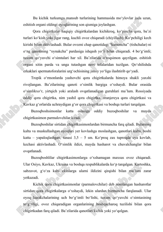 katta – yapaloqlashgan; tanasi 3,5 – 5 sm. ko‘proq zax tuproqda uya kovlab, kechasi aktivlashadi. o‘simlik ildizi, mayda hasharot va chuvalchanglar bilan ovqatlanadi. buzoqboshlilar chigirtkasimonlarga o‘xshamagan maxsus ovoz chiqaradi. ular osiyo, kavkaz, ukraina va boshqa respublikalarda ko‘p tarqalgan. kartoshka, sabzavot, g‘o‘za kabi ekinlarga ularni ildizini qirqishi bilan ma’lum zarar yetkazadi. kichik qora chigirtkasimonlar (parmalovchilar) deb nomlangan hasharotlar sirtidan qora chigirtkalarga o‘xshaydi, lekin ulardan birmuncha farqlanadi. ular oyoq kurakchalarining uch bo‘g‘imli bo‘lishi, tuxum qo‘yuvchi o‘simtasining to‘g‘riligi, ovoz chiqaradigan organlarining boshqacharoq tuzilishi bilan qora chigirtkadan farq qiladi. ba’zilarida qanotlari kichik yoki yo‘qolgan. bularning bir qancha turlari o‘rta osiyo, kavkaz va yevropaning sharqi – janubiy qismidagi dalalar yoki yaylov va tog‘ oldi rayonlarida ko‘p tarqalgan. poya parmalovchisi uzoq sharq va o‘rta osiyoning ekinzorlarida ko‘p uchrab, bir qancha madaniy o‘simliklarga (jumladan, g‘o‘zaga) zarar yetkazadi. kalta mo‘ylovli to‘g‘ri qanotlilar (brachycera) kichik turkumiga haqiqiy chigirtkalar kiradi. ular mo‘ylovlarining kaltaligi, tanasining birmuncha katta bo‘lishi, ovoz chiqarish va …
