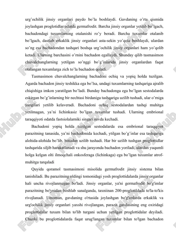 hi mumkin. sestodalar biogelmintlar bo'lib, rivojianish siklida asosiy xo'jayindan tashqari, bir yoki ikkita oraliq xo'jayin ishtirok etadi. xo'jayin ichagidagi tasmasimon , chuvalchanglarning soniga qarab, ular turlicha urug'lanadi. agarda xo'jayin ichagida bitta chuvalchang bo'lsa, uning har bir proglottidalari o'zaro bir-birini urug'lantiradi. bitta proglottida bo'lsa, unda o'zini-o'zi urug'lantirishi ham mumkin. xo'jayin ichagida ikkita yoki bir necha chuvalchang bo'lsa, bunda har xil individ bir-birini urug'lantiradi. sestodalarning tuxumlari xo'jayini organizmidan axlatlari hamda proglottidalari bilan birga tashqi muhitga chiqadi. agarda odam cho'chqa yoki qoramol tasmasimoni bilan zararlansa, taxminan 75-91 kundan boshlab kuniga 6 tadan 11 tagacha yetilgan, ya'ni ichi tuxumlar bilan to'lgan bo'g'imlar tashqi muhitga chiqadi. sestoda tuxumining bundan keyingi rivojlanishi uchun uni albatta oraliq xo'jayini yutishi kerak. bunda cho'chqa tasmasimoni uchun oraliq xo'jayin - cho'chqa, qoramol tasmasimoni uchun esa oraliq xo'jayin - qoramol hisoblanadi. sestodalar tuxumlari ichida 6 ilmoqli embrion, ya'ni onkosfera deb ataluvchi lichinka rivojlanadi. ba'zi tasmasimon chuvalchanglar tuxumlarining ichida esa 10 ilmoqli …