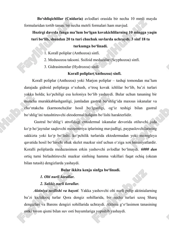 ayvonlar bilan oziqlanadigan yirtqichlardir. bularni ovlashda chaqqon va otiluvchan zaharli iplar xizmat qiladi. chala o‘lik “ov” mezenteriya iplarining zahridan o‘ladi. otiluvchi ho‘jayralar zahri kuchli ta’sir qiladi. ( jumladan odamga ham) aktinia ayrim jinsli. gonadalari endodermal iskanalarda joylashgan. tuxum ona aktinia gastral bo‘shlig‘ida urug‘lanadi. urug‘ suv orqali kiradi. dastlabki rivojlanish ona tanasidan chiqib biror substratga yopishib oladida mustaqil hayot kechiradi. bundan tashqari aktiniyalar kurtaklanib ham ko‘payadi. (xuddi gidradek) aktiniya okean va dengizlarda ko‘p tarqalgan. janubiy issiq dengizlarda ularning bir qancha katta (30-70 sm) turli rangdagi turlari uchraydi. bularning hayoti uchun krablar tanasi ustiga joylashib simbioz hayot kechirishi harakterlidir. kovak ichlilar ichida aktinialar eng uzoq yashaydigan hayvonlar bo‘lib, 50-60 yilgacha umr ko‘rishi aniqlangan. madreparariyalar turkumi. yakka yashovchi madreparariyalar tashqi ko‘rinishi jihatidan aktinialarga bir oz o‘xshasada, bularda tananing ostki qismi ektodermadan hosil bo‘luvchi ohak skelet bo‘lishi harakterlidir. kaloniya bo‘lib yashovchi madreporariyalarning individlari yonma-yon yashab tanasining ostki qismi (ohak) 1-1iga qo‘shilib ketadi. bularning bir …