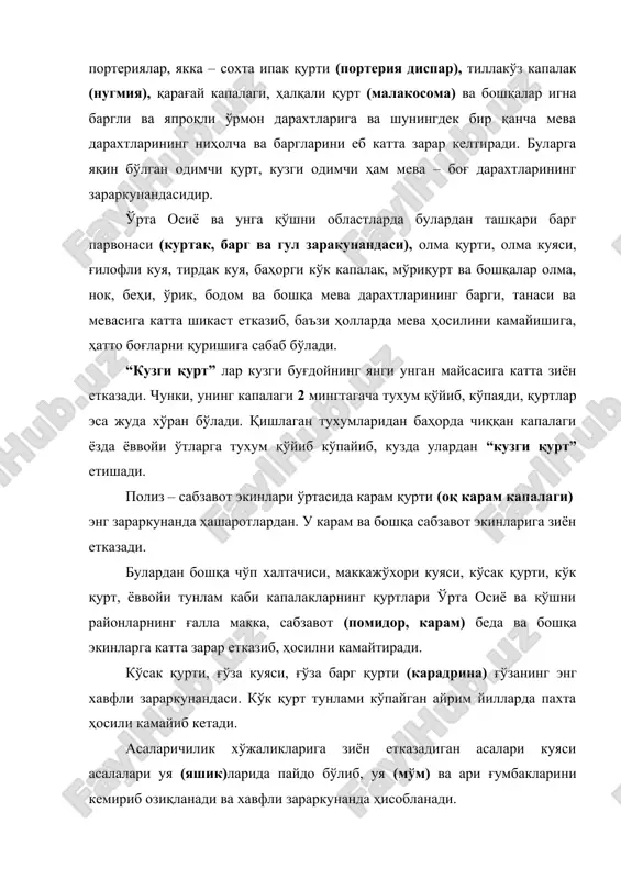 узунликда тола берувчи зотлар бор). пилла ва ундан олинадиган табиий ипак саноат ва техниканинг турли соҳаларида ишлатилади. ипак қурти ўзбекистон, бошқа ўрта осиё республикалари, озарбайжон ва бошқа жанубий областларда боқилади. ҳар йили россияда бир неча минг тонна юқори сифатли пилла олинади. ипак қурти афғонистон, эрон, туркия, италия, япония каби мамлакатларда ҳам боқилади. 4. пардақанотлилар (hymenoptera) бу туркумга мансуб чумолилар, арилар, қора, ари, асалари, паразитлик билан кўпаядиган майда парда қанотлилар ва бошқа ниҳоятда хилма-хил турлари юқори даражада тараққий этган ва нерв фаолияти яхши ривожланган ҳашаротлар ҳисобланади. 300 мингдан ортиқ тури маълум. туркум ҳамма авлодларининг оғиз органи кавшовчи – яловчи ёки кавшовчи сўрувчи типда; икки жуфт қаноти пардасимон – томирлашган, бир қанча турларининг урғочиларида тухум қўювчи ўсимта найзага айланган, личинка (қурт) ларида оёқ бўлмайди. парда қанотлилар табиатда ва инсон ҳаётида катта аҳамиятга эга. буларнинг кўпчилиги гулли ўсимликларни чанглатади. паразитлик билан ривожланувчи майда пардақанотлилар энг ёвуз заракунанда ҳашаротларни қиради. хонакилаштирилган пардақанотли – асалари …