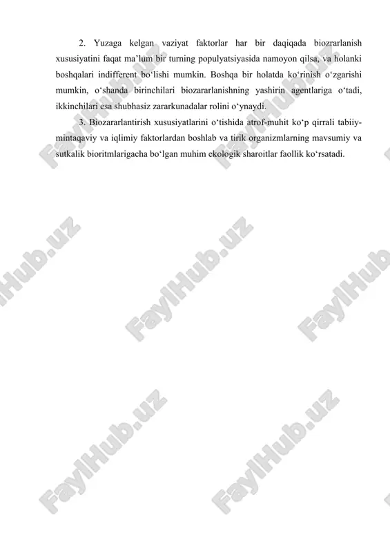 isidagi bilimlar tirik organizmlar, materiallar va mahsulotlar tuproq, suv va yer usti muhitlari sharoitidagi “tо‘qnashuvli” о‘zaro munosabatlarining murakkab mozaikasini eslatadi. biozararlanishlar bilan bog‘liq bо‘lgan xо‘jalik vaziyatlarining bahosi va analizi mozaika barcha yacheykalarini saralash yо‘li bilan amalga oshira olmaydi. bu masalani, hech bо‘lmaganda kо‘zga kо‘rinadigan vaqtda, bajarilmaydigan qiladi. jonivorlar, о‘simliklar va mikroorganizmlarni turli xil guruhlarda, materiallar va mahsulotlarning turli darajalarida, ularning bir biri bilan о‘zaro munosabatlarida biozararlanish xususiyatlari namoyon bо‘lishiga о‘xshash, parallel xosiyatlarni izlash kerak. adabiyotlar 1. aktualniye voprosi biopovrejdeniy / pod red. b.v.bocharova. m.,1983. 236 s. 2. biopovrejdeniy. ucheb. posobiye /pod red. v.d.ilicheva.-moskva: vissh.shk., 1987.352 s 3. zashita materialov i texnicheskix ustroystv ot ptits / pod red. v.d.ilicheva. m., 1984. 239 s. 4. ilichev v. d. upravleniye povedeniyem ptits. m., 1984. 303 s. 5. ilichev v. d., bocharov b. v., gorlenko m. v. ekologicheskiye osnovi zashiti ot biopovrejdeniy. m., 1985. 261 s. 6. kurs nizshix rasteniy. m., 1981. 519 s. …