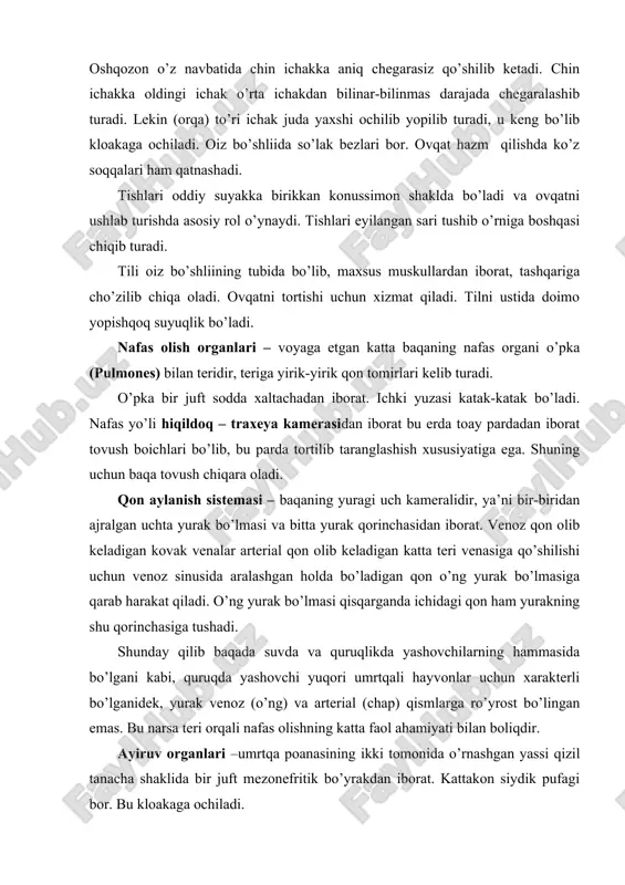ovush boichlari bo’lib, bu parda tortilib taranglashish xususiyatiga ega. shuning uchun baqa tovush chiqara oladi. qon aylanish sistemasi – baqaning yuragi uch kameralidir, ya’ni bir-biridan ajralgan uchta yurak bo’lmasi va bitta yurak qorinchasidan iborat. venoz qon olib keladigan kovak venalar arterial qon olib keladigan katta teri venasiga qo’shilishi uchun venoz sinusida aralashgan holda bo’ladigan qon o’ng yurak bo’lmasiga qarab harakat qiladi. o’ng yurak bo’lmasi qisqarganda ichidagi qon ham yurakning shu qorinchasiga tushadi. shunday qilib baqada suvda va quruqlikda yashovchilarning hammasida bo’lgani kabi, quruqda yashovchi yuqori umrtqali hayvonlar uchun xarakterli bo’lganidek, yurak venoz (o’ng) va arterial (chap) qismlarga ro’yrost bo’lingan emas. bu narsa teri orqali nafas olishning katta faol ahamiyati bilan boliqdir. ayiruv organlari –umrtqa poanasining ikki tomonida o’rnashgan yassi qizil tanacha shaklida bir juft mezonefritik bo’yrakdan iborat. kattakon siydik pufagi bor. bu kloakaga ochiladi. baqaning o’rchish organlari – erkaklarida bir juft oqimtir yumaloq urudondan iborat. urochilarida ham bir juft tuxumdon …