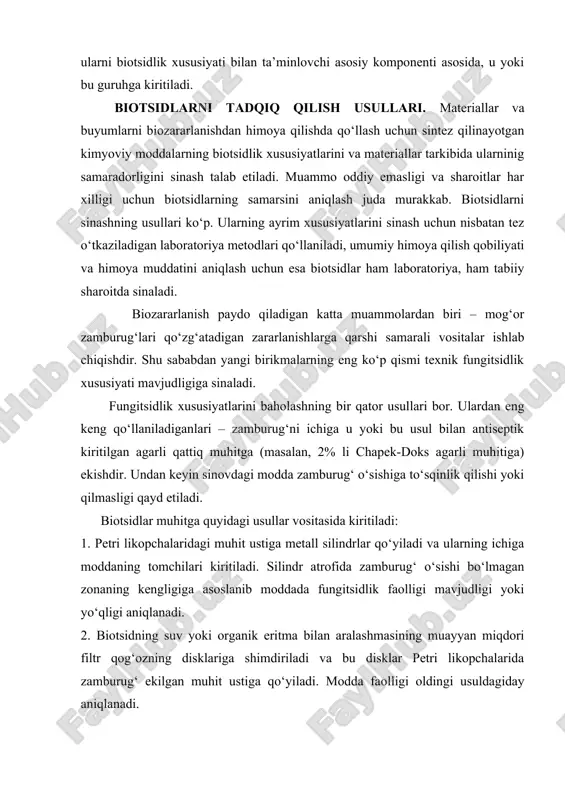 usullar vositasida kiritiladi: 1. petri likopchalaridagi muhit ustiga metall silindrlar qо‘yiladi va ularning ichiga moddaning tomchilari kiritiladi. silindr atrofida zamburug‘ о‘sishi bо‘lmagan zonaning kengligiga asoslanib moddada fungitsidlik faolligi mavjudligi yoki yо‘qligi aniqlanadi. 2. biotsidning suv yoki organik eritma bilan aralashmasining muayyan miqdori filtr qog‘ozning disklariga shimdiriladi va bu disklar petri likopchalarida zamburug‘ ekilgan muhit ustiga qо‘yiladi. modda faolligi oldingi usuldagiday aniqlanadi. 3. modda eritilgan ozuqa muhitiga kiritiladi, u qotgandan sо‘ng uning ustidagi ikki nuqtaga zamburug‘ ekiladi va 72 soat davomida inkubatsiya qilinadi. moddaning fungitsidlik faolligi uning zamburug‘ о‘sishiga tо‘sqinlik qilishi (r%) asosida quyidagi formula bо‘yicha hisoblanadi: r = (d0 – d1)·100/d0, buerda d0 – nazoratdagi koloniya diametri, d1 – tajribadagi koloniya diametri. modda faolligini aniqroq о‘lchash uchun quyidagi usul qо‘llaniladi. kolba ichida sinovdagi moddaning muayyan miqdori eritilgan chapek-doks muhitiga zamburug‘ sporalari suspenziyasi ekiladi. kolba tebratgichda 28os haroratda 5 sutka о‘stiriladi. moddaning fungitsidlik faolligi ichida biotsid bо‘lgan va bо‘lmagan muhitlarda о‘sgan …