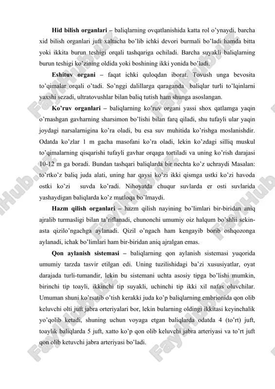 vir etilgan edi. uning tuzilishidagi ba’zi xususiyatlar, oyat darajada turli-tumandir, lekin bu sistemani uchta asosiy tipga bo’lishi mumkin, birinchi tip toayli, ikkinchi tip suyakli, uchinchi tip ikki xil nafas oluvchilar. umuman shuni ko’rsatib o’tish kerakki juda ko’p baliqlarning embrionida qon olib keluvchi olti juft jabra orteriyalari bor, lekin bularning oldingi ikkitasi keyinchalik yo’qolib ketadi, shuning uchun voyaga etgan baliqlarda odatda 4 (to’rt) juft, toaylik baliqlarda 5 juft, xatto ko’p qon olib keluvchi jabra arteriyasi va to’rt juft qon olib ketuvchi jabra arteriyasi bo’ladi. siydik – tanosil sistemasi – baliqlarning siydik-tanosil sistemasi ikkita ossosiy tipda tuzilgan. baliqlarning siydik kanali yo klaokaga, yoki siydik tanosil sinusiga, yo bo’lmasa, maxsus teshik bilan tashqariga ochiladi. 2. suyakli baliqlar sistematikasi turlari juda ko’p va o’zi turli tuman bo’lgan bu ikkinchi gruppa baliqlarning eng xarakterli belgilari qo’yidagilardan iborat. suyakli baliqlarning suyaklardan tuzilgan jabra qopqoi bo’lib, bu qopqoq jabra teshigining ustidan qoplab, jabra apparatini ancha mukammallashtiradi va …
