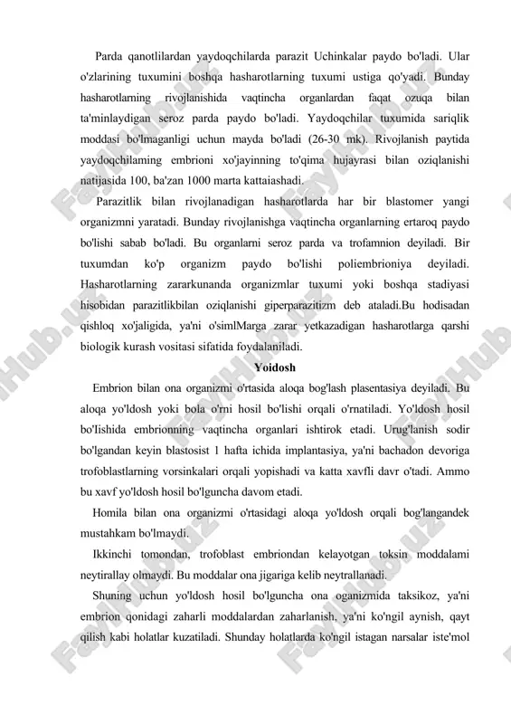 mo bu xavf yo'ldosh hosil bo'lguncha davom etadi. homila bilan ona organizmi o'rtasidagi aloqa yo'ldosh orqali bog'langandek mustahkam bo'lmaydi. ikkinchi tomondan, trofoblast embriondan kelayotgan toksin moddalami neytirallay olmaydi. bu moddalar ona jigariga kelib neytrallanadi. shuning uchun yo'ldosh hosil bo'lguncha ona oganizmida taksikoz, ya'ni embrion qonidagi zaharli moddalardan zaharlanish, ya'ni ko'ngil aynish, qayt qilish kabi holatlar kuzatiladi. shunday holatlarda ko'ngil istagan narsalar iste'mol qilinsa, bu hodisaning oldi ohnadi. odamlarda homiladorlikning 78-80-kunlariga kelib yo'ldosh hosil bo'ladi. implantasiyadan keyin blastodermik pufakchaning o'sishi biian yo'ldoshli hayvonlarda embrionning oziq moddalarga bo'lgan ehtiyoji ortadi. rivojlanishning boshlang'ich davrlarida embrion oziq moddani ona organizmidan trofoblast orqali oladi. trofoblast ikkita bosim kuchi ta'sirida bo'ladi, ya'ni unga tashqi tomondan ona organizmi to'qimalarining bosimi ta'sir etsa, ichki tomondan amnion suyuqligining bosimi ta'sir etadi. bu bosimlarning ta'siri trofoblast devoridagi hujayralarning normal o'sishi va ko'payishiga xalaqit beradi. natijada trofoblastning ustki tomoni tuguncham, o'simtali, vorsinkasimon bo'lib qoladi. bu birlamchi vorsinkalar bo'lib, ularga mezenxima qo'shilishi …