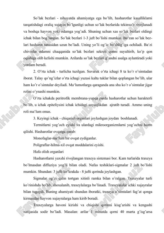 , kapalaklar qorni esa 15 marta qisqaradi. suvda yashovchi qo’ng’izlarni orqa tomonida - ya‘ni elitralarida nafas olish teshiklari bo’lib, ular nafas olish uchun yuqoriga orqa tomoni bilan ko’tariladi va shu davrda nafas oladi. boshqa suv qo’ng’izlari esa suvda erigan 0_2 _bilan nafas oladi. shunisi harakterliki elitralar tagida havo pufagini bo’lishi aniqlangan. qoidalar-suv chayoni (nepa inerea)da gavdasini keyingi uchida uzun ko’rinishdagi joycha bo’lib, uning yonida o’simta mavjud. bu naychaning uzunligi 10 sm.gacha cho’ziladi. bu naychalar hasharotni qorinda joylashgan va suv tegmaydigan nafas teshiklariga borib kiradi. ana shu asosda lichinka nafas oladi. qon aylanishi tutash emas. ammo bu hayvonlarni qon aylanishi kisqichbaqasimondan shu bilan farq qiladiki, bo’larda qon aylanish sistemasi sodda faqat yurakdan chiqadigan qon tomiridan tashqari qon tomirlari yo’q. gavda bo’shlig’i ham aralash-miksatseldir. ya‘ni uchastkalarga bo’linmagan. miksotselning pastki qismida parda-diafragmasimon qavat bor. yuragi belbog’lar bilan qoplangan naychadan iborat. naychalarni kengaygan joy kameralar deyiladi. har bir kamerada teshik-ostiyalar bo’lib, unda qonni chiqarib …