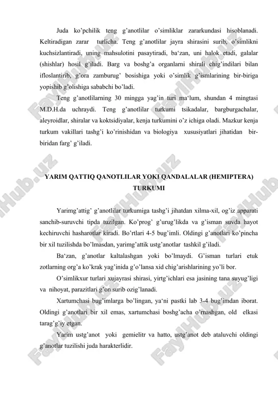 itlar oralig’ida ochiladi. ko’lancha xid himoyalanish ahamiyatiga ega bo’lsa kerak deb hisoblanadi. qandalalar biologik va ekologik jihatdan turli-tuman. ko’pchiligi g’urug’likda, anchagina turlari esa suvda yashaydi. qurug’likda yashovchilarning ba‘zilari o’simliklar sirtida, boshg’alari po’stlog’ ostida va hakazo erlarda uchraydi. g’andalalarning foydali va zararkunanda turlari bordir. birinchisiga madaniy o’simliklarning ko’pgina zararkunandalari, ikkinchisiga zararli hasharotlar bilan ozig’lanuvchi turlar kiradi. ko’pchilik g’andalalar bir yil davomida bir g’ayta urchiydi. tuxumlarini o’simlik boshg’a narsalar ustiga yoki o’simlik to’g’imalari ichiga g’uyadi. (kuchasizlar va so’g’ir g’andalalar). ba‘zi bir tur suv g’andalalari tuxumlarini erkak zotlari tanasining ustiga g’uyadi. ular tuxumdan lichinkalar olib chig’g’aniga g’adar shu erda bo’ladi. g’andala lichinkasi etuk zotlariga o’xshash hayot kechiradi. ular 5 marta tullaydi. uchinchi yoshidan boshlab qanot belgilari paydo bo’ladi. qishni odatda, etuk fazasida (g’alg’onchalar va boshg’a oila vakillari), so’g’irg’andalalardan bo’lgan ko’pchilik turlar tuxum fazasi​da o’tkazadi. yarimqattiq qanotlilarning 40 mingtacha turi borligi ma‘lum, shundan m.d.h.da 2 ming atrofida turlari uchraydi. parazit g’andalalar (imiidae) oilasiga mansub …