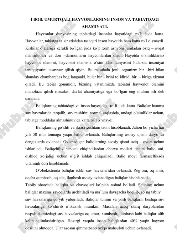 lmashinuvida katta ro`l o`ynaydi. baliqlarning go`shti va ikrasi xushtam taom hisoblanadi. jahon bo`yicha har yili 50 mln tonnaga yaqin baliq ovlanadi. baliqlarning asosiy qismi daryo va dengizlarda ovlanadi. ovlanadigan baliqlarning asosiy qismi oziq – ovqat uchun ishlatiladi. baliqchilik sanoati chiqindilardan chorva mollari uchun baliq uni, qishloq xo`jaligi uchun o`g`it ishlab chiqariladi. baliq moyi farmaseftikada vitaminli dori hisoblanadi. o`zbekistonda baliqlar ichki suv havzalaridan ovlanadi. zog`ora, oq amir, oqcha qumbosh, oq sila, ilonbosh asosiy ovlanadigan baliqlar hisoblanadi. tabiiy sharoitda baliqlar va chavoqlari ko`plab nobud bo`ladi. shuning uchun baliqlar maxsus zavodlarda urchitiladi va ma`lum davrgacha boqilib, so`ng tabiiy suv havzalariga qo`yib yuboriladi. baliqlar tuhimi va yosh baliqlarni boshqa suv havzalariga ko`chirib o`tkazish mumkin. masalan uzoq sharq daryolaridan respublikamizdagi suv havzalariga oq amur, xumbosh, ilonbosh kabi baliqlar olib kelib iqlimlashtirilgan. hozirgi vaqtda inson baliqlardan 40% yaqin hayvon oqsilini olmoqda. ular asosan qimmatbaho oziqa mahsuloti uchun ovlanadi. hozirgi kunga qimmatli baliqlarni ovlash, ularning yashash zonasini …