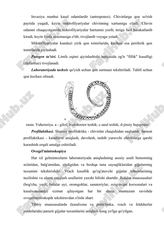 aniqlash qiyinligidir. qalqitib chiqarish (flotatsyja). mazkur usul (fyulleborn usuli deb ham ataladi) keng qo 'llaniladi, chunki doimo aniq natija beradi. bemorning yangi axlatidan ozgina namuna olinib, chinni idishga solinadi. ustiga to'jingan osh tuzi eritmasi quyiladi. eritma bilan axlat yaxshilab aralashtirilib, 60-90 minut tindirib qo'yiladi. gijja tuxumlarining solishtirma og'irligi eritmanikiga nisbatan kichikroq bo 'lganligi uchun tuxumlar qalqib, eritma yuzasiga chiqadi. alohida tayyorlangan kichkina sim chovli yordami bilan qalqitmasdan namuna olinib, buyum oynasiga tomiziladi, qoplagich oynacha bilan yopiladi va mikroskop ostida tekshiriladi. mazkur usulni tezlatish maqsadida osh tuzi eritmasi o'rniga natriy nitrat (nancb) tuzining to'jingan eritmasidan foydalanish mumkin (kalantaryan usuli). bu usulda tindirish uchun 15-20 minut muddat kifoya. bu usul mayda sestodalar, nematodalar tuxumlarini aniqlash uchun qulaydir. askarida tuxumlari og'ir bo'lganligi uchun bu usul askarida tuxumlarini aniqlashda yaxshi natija bermaydi. yuqorida bay on etilgan barcha usullarda mikroskop ostida topilgan gijja tuxumlarini aniq tanib olish uchun maxsus jadvallarda aks ettirilgan gijja tuxumlariga solishtirib …