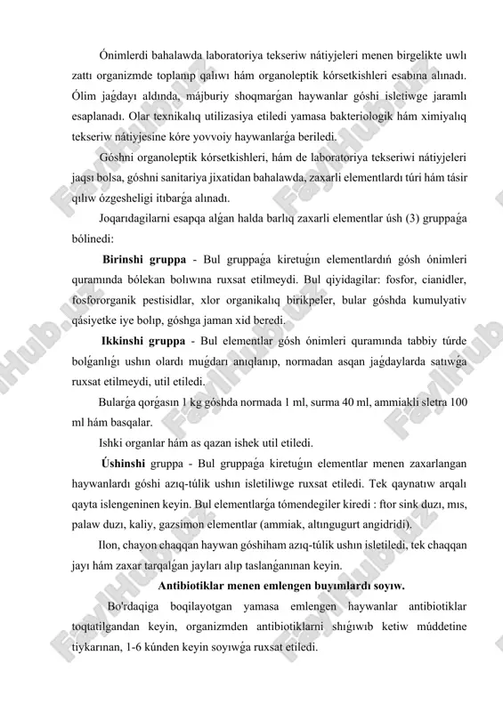 wı veterinariya sanitariya ekspirtizasida olardı qanday zálellanganligi úlken áhmiyetke iye. radiosion nur yamasa rodiaktiv elementlar (rv)menen zaxarlanish sırtqı hám ishki zálellernishlarga bólinedi. sırtqı zıyanlanıwda radiatsiya organizmge teri arqalı hawadan yamasa qorshap turǵan diywal yamasa buyımlardan túsedi. ishki zıyan jetkeziwde bolsa radioaktiv elementlar azıqa yamasa suw arqalı awqat hazim qılıw organizmlerine túsedi. organizmge nurlanıwdı belgilengen muǵdarınan artıq dárejede tásiri nátiyjesinde haywanlarda nurlanıw keselligi (nk) kelip shıqtı, kesellik ótkir hám sozılmalı keshedi. kesellik haywanlarda nurlanıw dárejesi hám kesellikti salmaǵına qaray jeńil (nurlanıw dárejesi 150-250 r), ortasha (250-400 r), salmaqli (400-750 r) hám júdá salmaqli (750 den joqarı r) formalarǵa bólinedi. soyıwdan aldınǵı diagnostika kesellikti diagnostikası klinikalıq belgilerine, gemotologik, dozametrik hám ishki zıyanlanıwda radiometrik tekseriwlerge tiykarlanadı. sırtqı nurlanıwdı baslanǵısh dáwirinde haywanlardı notichligi olardı ulıwma holsizlanishiga aylanadı. bunda ishtaxasi pasayadi, taxikordiya payda boladı, shilimshiq qabatda gepermiya, dem alıw tezlashadi, xarorat 0, 3-0, 50 s ga kóteriledi, ishekler peristaltikasi tezlashib, qusıw hám ish ketiw gúzetiledi. …