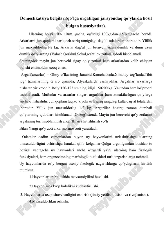 ari n.p.quleshov va m.f. ivanovlar ayrim uzgartirishlar kiritdilar. zoologik klassfikasiyaga kura asos qilib qo’ylar dumining mutloq uzunligi (sm.larda)emas, dum uchining oyoqdagi sakrash bug’inigacha yetish yoki yetmasligi olingan. dumning uzunligi va shakliga kura barcha qo’y zotlari besh katta guruppaga bulinadi. 1.ingichka kalta dumli qo’ylar- dumlari sakrash buyiga yetmaydi, ingichka yog’ qoldiqlarisiz. dumidagi umirtqalar soni 10-12 tagacha. bu guruppaga qo’ydagi qo’y zotlari kiradi: romanov,okarin,malich,shimol kalta dum, va boshqa zotlar. 2. ingichka uzun dumli qo’ylar- dumlari ingichka yog’ qoldiqlarsiz, sakrash bug’inidan ham pastga utish darajasida uzundir. dumidagi umirtqalar soni 22-24 tagacha. bu guruppaga qo’ydagi qo’y zotlari kiradi: gruziyadumbali mayin junlik qo’ydan tashqari barcha mayin jun beruvchi qo’y zotlari,sigariy,yarim mayin jun beruvchi tezpishar zotlar va ayrim dag’al jun beruvchi qo’y zotlari kiradi. 3.kalta yog’li dumli qo’ylar – bularda dumlari sakrash buyiga yetmaydigan darajada kaltadir.yog’ yig’ilmalari dum asosida yig’ilib kichgina yostig’cha shaklida dumbacha hosil qiladi. bu guruppaga buryat,telingin, kulindin vash u kabi sibirning boshqa dag’al …