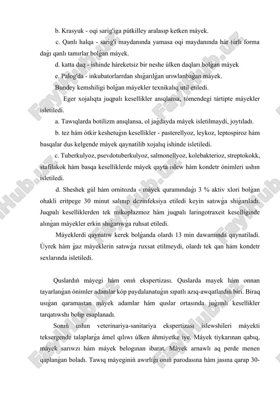 arotin hám ksantofill pigmentlerine baylanıslı. ol bir neshshe qatlamlardan ibarat. máyek sarıwzınıń orayında moyın bólimi bolıp, onıń betine shekem shıǵatuǵın ashıq sarı reńli qabatı bar. buǵan latebra delinedi hám onıń moyın bóliminde embrion sheńberi jaylasadı. urıqlanǵan máyeklerde ol uzınıraq formada boladı. máyek sarıwzınıń quramında shama menen 50,8 % suw, 31,7 % may, 16,2 % belok, 0,2 % karbon suw hám 1,1 % mineral zatlar bar. bulardan basqa máyek sarıwzında fiziologiyalıq aktiv zat letsitin (12%), vitaminlerden a, v1, v2, d, rr hám basqalar bar ekenligi anıqlanǵan. máyek sarıwzınıń tıǵızlıǵı 1,0288-1,0299, rn-i 4,8-5,2 ge teń máyek qabıǵı 2 qatlamnan ibarat bolıp, aq, ashıq sarı, ayırım waqıtları qaralaw kók reńde boladı. tazadan alınǵan máyektiń qabıǵı perde menen qaplanǵan bolıp, bul perde máyek jolları arqalı ótiwinde ılaylanǵan shılımshıq máyektiń ústinde turıwınan payda boladı hám máyekti keyinshelik tábiyiy qorǵawdan saqlaydı. máyek qabıǵınıń diametri 1,40 mikron keletuǵın kóp sanlı tesiksheler bolıp, bular arqalı máyektiń suwı puwlanadı. …