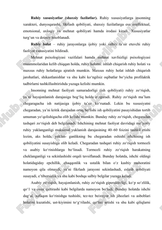 o‘rinishlarga bo‘linadi. tormozli ruhiy zo‘riqish harakatning cheklanganligi va sekinlashishi orqali tavsiflanadi. bunday holatda, ishchi оldingi holatidagiday epchillik, chaqqonlik va ustalik bilan o‘z kasbiy mahoratini namoyon qila olmaydi, уa’ni fikrlash jarayoni sekinlashadi, eslash qobiliyati susayadi, e’tiborsizlik va shu kabi boshqa salbiy belgilar yuzaga keladi. asabiy zo‘riqish, hayajonlanish, ruhiy zo‘riqish giperaktivligi, ko‘р so‘zlilik, qo‘1 va ovoz qaltirashi kabi belgilarda namoyon bo‘ladi. bunday holatda ishchi dag‘al, xafaqon ko‘rinishga tushishi, tez-tez beixtiyor ish jihozlari va asboblari holatini kuzatishi, ust-kiyimini to‘g‘rilashi, qo‘lini artishi va shu kabi qiliqlarni bajarishi kuzatiladi. albatta, bu holatlarning barchasi xatoga уo‘1 qo‘yilishiga va natijada baxtsiz hodisalarni kelib chiqishiga sabab bo‘ladi. ishchining ruhiy ishonchliligini belgilovchi alohida ruhiy holatlar: paroksizmal hushdan ketish, kayfiyatni psixogen o‘zgari-shi, ruhiy aktiv vositalarni (stimulatorlar, trankvilizatorlar, alkogol ichimliklar) qabul qilish ta’siridagi ruhiy o‘zgarishlar ko‘rinishlarida bo‘ladi. paroksizmal holat – turli xil toifadagi hushdan ketish (bosh miyaning organik kasallanishi, epilepsiya, hushdan ketish), уa’ni bir necha sekunddan bir necha daqiqa oralig‘ida hushni …