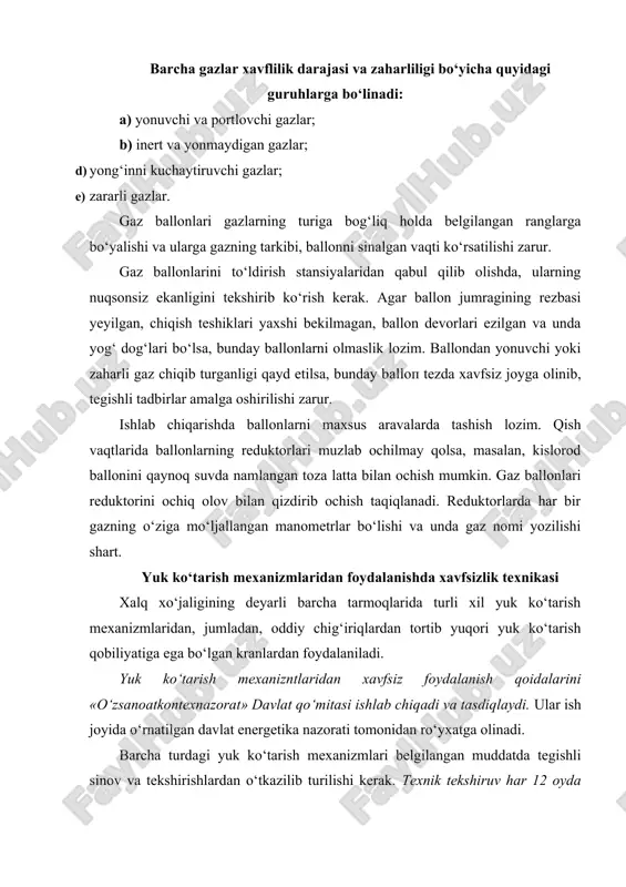 idan ro‘yxatga olinadi. barcha turdagi yuk ko‘tarish mexanizmlari belgilangan muddatda tegishli sinov va tekshirishlardan o‘tkazilib turilishi kerak. texnik tekshiruv har 12 oyda bir marta, navbatdan tashqari tekshirish esa kapital ta’mirlash yoki yuk ko‘tarish mexanizmlari boshqa joyga ko‘chirilganda o‘tkazilishi lozim. texnik tekshiruvda asosan quyidagi jarayonlar bajariladi: а) tashqi ko‘zdan kechirish – metall konstruksiyalar holati, рo‘lat arqon, ilgaklar, ushlash moslamalari, payvand va boshqa birikmalar hamda mahkamlash qurilmalari tekshiriladi; b) kuchlanish ostida statik sinovdan o‘tkazish; d) dinamik sinov; e) elektr jihozlarni tekshirish. amalda, texnik tekshirishlarda рo‘lat arqon va ushlab turuvchi moslamalar holatiga katta e’tibor beriladi. kanatlar tekshirilganda ulardagi uzilgan simlar soni aniqlanadi va simlarning buralganligiga, o‘ramlarning egilib qolgan joylariga ahamiyat beriladi. agar o‘ram qadami uzunligi bo‘yicha uzilgan simlar soni 10% dan (yoki ruxsat etilgan miqdordan, 4.2-jadvalga qarang) ko‘р bo‘lsa, bunday рo‘lat arqon ishga yaroqsiz hisoblanadi. bundan tashqari, рo‘lat arqon simlari zanglagan yoki dastlabki diametriga nisbatan 40 foizgacha yeyilgan bo‘lsa ham yaroqsiz deb topiladi. …