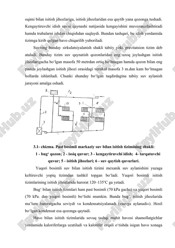 aniqlanadi: qo=qovm(tu-tt), bu yerda, qo – binoning solishtirma issiqlik xususiyati, vt/(m3oc);qo=0,52-0,75 vt – binoning tashqi hajmi yoki isitiladigan qismining hajmi, m3; tu – хопа havosining ichki hisobiy harorati, oс; tm – уilning eng sovuq besh kuni hisobida tashqi havo harorati. хопа havosini isitishga sarflanadigan issiqlik miqdori: qx = gxvt (tu-tt) bu yerda, gx – 1 m3 havoni isitishga sarflanadigan solishtirma issiqlik sarfi; ishlab chiqarish binolari uchun gx =0,9...1,5; ma’muriy binolar uchun gx=0,67...0,9; maishiy binolar uchun gx =0,31...0,42. xonaga kiritilgan mashina va mexanizmlar hamda materiallar sirtini isitishdagi issiqlik sarfi: qm = kmg(tu −tn ) 1 τ 3,8 bu yerda, g – xonaga kiritiladigan mashina va materiallarning massasi, kg; km – mashina va materiallarning massaviy issiqlik sig‘imi, metallar uchun – k =0,4, kdj / (kgoс); tt – xonaga olib kirilgan mashina va materiallarni harorati (mashinalar va metallar uchun tashqi muhit haroratiga teng, sochi- luvchan materiallar uchun tashqi muhit haroratidan 20oс, sochil- maydigan …
