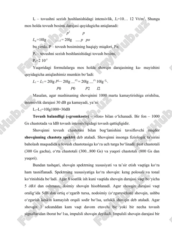 tiq o‘zgarib tursa, nodoimiy (o‘zgaruvchan) shovqin, ushbu o‘zgarish keskin kamayish orqali sodir bo‘lsa, uzlukli shovqin deb ataladi. agar shovqin 1 sekunddan kam vaqt davom etuvchi bir yoki bir necha tovush signallaridan iborat bo‘1sa, impulsli shovqin deyiladi. impulsli shovqin darajasi bir sekundda 100 db dan ortiq o‘zgaradi. bundan tashqari, shovqin hosil bo‘lish manbaiga ko‘ra mexanik, aerogidrodinamik va elektromagnit turlarga bo‘linadi. shovqin darajasini me’yorlashtirish va o‘lchash shovqin darajasini me’yorlashtirish – shovqinni insonga salbiy ta’sirini kamaytirishga qaratilgan asosiy tadbirlardan biri hisoblanadi. shovqinning inson sog‘1ig‘iga ta’siri uning chastotasiga bog‘liq bo‘lganligi sababli, har bir shovqin oktava polosasi uchun alohida ruxsat etilgan shovqin darajasi belgilangan. shovqinning eng yuqori ruxsat etilgan darajasi past chastotalar uchun, past ruxsat etilgan darajasi esa yuqori chastotali shovqinlar uchun qabul qilingan. masalan, eng kichik tovush bosimi nazariy va ilmiy ishlar bajariladigan ish joylari uchun belgilangan bo‘lib, u o‘rtacha geometrik chastota 8000 gs bo‘lganda 30 db deb qabul qilingan. eng yuqori tovush bosimi …