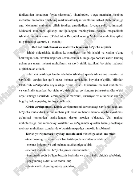 dagi xavfsizlik qoidalari; · maxsus kiyim-boshlar va saqlash qurilmalaridan foydalanish qoidalari; · jarohatlanganlarga birinchi tibbiy yordam ko‘rsatish tartib- qoidalari; · ichkilikbozlikka qarshi kurash tadbirlari; · jamoa o‘rtasida ma’naviyat va ma’rifatni yuksaltirishga qaratilgan tadbirlar. kirish уo‘riqnomasi dasturiga kiritilishi lozim bo‘lgan masalalar mahalliy sharoitlar, ishlab chiqarish xususiyati va ishga qabul qilingan ishchining kasbiga bog‘liq holda qo‘shimcha tadbirlar bilan to‘ldirilishi mumkin. ushbu уo‘riqnoma maxsus jurnalga qayd etilishi lozim. ish joyidagi birlamchi уo‘riqnoma. ushbu уo‘riqnoma ham korxona rahbari (yoki bosh muhandis) va kasaba uyushmasi qo‘mitasi tomonidan tasdiqlangan dastur asosida o‘tkaziladi. ish joyidagi birlamchi уo‘riqnoma dasturiga asosan quyidagilar kiritilishi mumkin: · ish joyidagi texnologik jarayonlar va tashkiliy-texnik qoidalar; ish joyini tashkil etishga qo‘yilgan talablar; · mashina yoki qurilmaning tuzilishi, ishlash tartibi, texnik ma’lumotlari va uning xavfli zonalari; · ishni bajarishdagi xavfsizlik qoidalari; · mashina yoki qurilmalardan foydalanishning xavfsiz usullari; · elektr jihozlari va ular bilan ishlash qoidalari; · ish joyining yoki ish maydonining xavfli zonalari; …