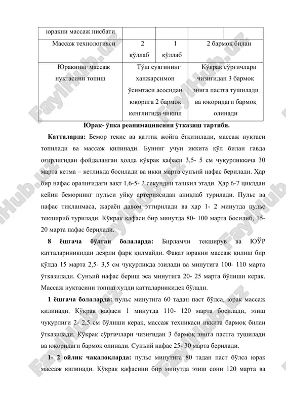 . бунинг учун беморга қулай ҳолат бериш, нафас йўллари ва оғиз бўшлиғини қўл билан тозалаб ташлаш ҳамда геймлих усулидан фойдаланилади. геймлих усули- диафрагманинг кўтарилиши, нафас йўлларида босимнинг ортиши ўпкадаги ҳавони чиқишига мажбурлайди. бу сунъий йўталга ва нафас йўлларидан ёт жисмларнинг чиқиб кетишига сабаб бўлади. жабрланувчининг эс- ҳуши жойида бўлса, тик турган ҳолатида бемордан оёқларини елка кенглигида очишни сўралади, ёрдам кўрсатувчи бир оёғини жабрланувчининг иккала оёқлари орасига қўяди ва уни орқа томонидан қучоқлаб, бир қўл мушт қилиб тугилади ҳамда беморнинг киндиги ва тўш суяги ханжарсимон ўсиғининг оралиғига ўрта чизиқ бўйлаб қўйилади.сўнгра иккинчи қўл билан мушт қилинган қўл ушланади ва беморнинг қорнига ичкарига ва юқорига йўналтирилган зарб билан урилади. бу усул ёт жисм чиқиб кетгунича ёки бемор ҳушидан кетгунича давом эттирилади. ҳушсиз кишиларни ётқизилади, оғиз бўшлиғи очилиб текширилади, ёт жисмлар бўлса олиб ташланади. сўнгра икки марта сунъий нафас бериб кўрилади. агар кўкрак қафаси кўтарилмаса, беморнинг боши орқа томонга эгилади ва сунъий нафас …