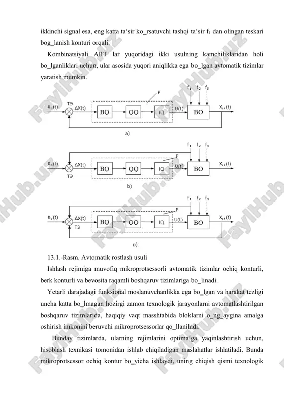ida (13.2 b- rasm ) mikroprotsessor berk kontur bо‗yicha ishlaydi, uning chiqishlari tо‗g‗ridan-tо‗g‗ri regulyatorlarga ta‘sir qiladi va ularning parametrlarini sozlaydi. bunda operatorning vazifasi tizim ishini kuzatishdan iborat bо‗ladi va undan, faqatgina tizim ishida uzilishlar bо‗lgan taqdirdagina aralashish talab qilinadi. 13. 2.-rasm. avtomatil boshqaruv tizimlari boshqaruv obe‘kti (bo), boshqaruv qurilmalari va boshqaruvchi hisoblash mashinasi (bhm) yig‗indisidan tashkil topgan bevosita raqamli boshqaruv tizimlarida (1.2v- rasm ) bhm signallari kuchaytirgich (k), ijrochi mexanizm (im) orqali tо‗g‗ridan tо‗g‗ri rostlash organi (ro) ga ta‘sir qiladi. tizim tarkibiga kirish dx, chiqish dch, va bo ning texnologik parametrlari datchiklari va tarkibida kuchaytirgich k, boshqaruv qurilmasi bq va о‗lchov qurilmachi о‗q bо‗lgan avtomatik rostlash qurilmasi arq ning namunaviy elementlari kiradi. bhm uzib qо‗yilsa, avtomatik tizim bo rejimini barqarorlashtirish vazifasini bajaradi. bunday tizimlar haqiqiy vaqt masshtabida ishlaydilar. avtomatik rostlash tizimlarining asosiy tavsiflari elementlar va avtomatik rostlash tizimlarining statik tavsiflari. har qanday rostlash tizimi bir-birlari bilan о‗zaro bog‗langan, alohida elementlardan …