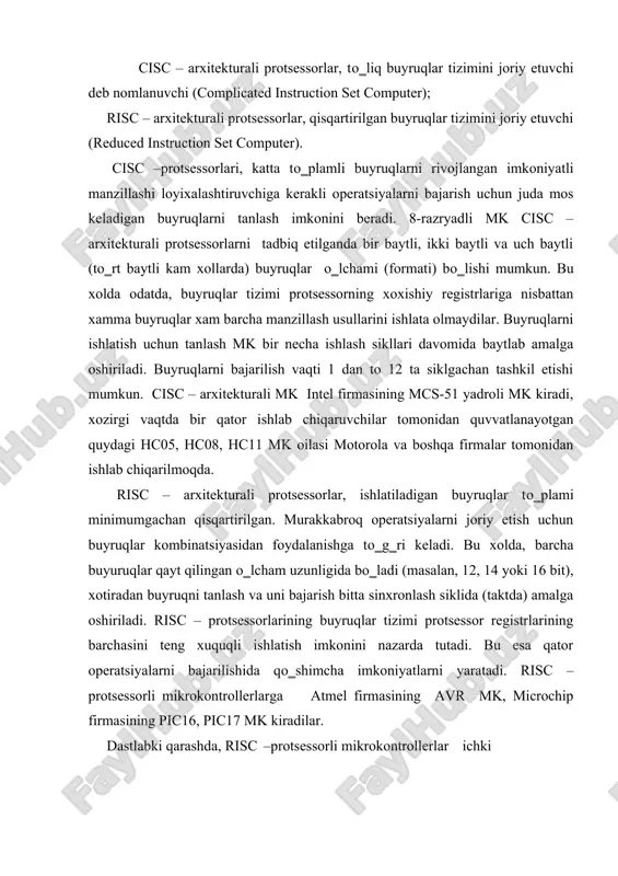 ish operatsiyasi uchun ikkita buyruq talab etiladi. buningdek zarurat kо‗pincha umumiy ishlarga mо‗ljallangan registrlarning (uir) birini qiymatini mk portlaridan biriga uzatishda xosil bо‗ladi. ayni shu vaqtda kо‗pchilik cisc – protsessorlarining buyruqlar tizimi tarkibida uir qiymatini kiritish/chiqarish portlaridan biriga uzatish buyrug‗i mavjut. yani ancha murakkab buyruqlar tizimi ba‘zi xollarda operatsiyalarni anchayin samarali bajarilish usulini joriy etilishini ta‘minlaydi. ikkinchidan, mk unumdorligini ―registr-registr‖ о‗rtasida axborot uzatish tezligi bо‗yicha baxolashda joriy etilayotgan algoritmning aniq xususiyatlari xisobga olinmaydi. tezligi yuqori avtomatizatsiyalashtirilgan boshqarish qurilmalarini loyixalashtirishda asosiy diqqatni turli uzatish funksiyalarni boshqarishni joriy etishdagi kо‗paytirish va bо‗lish operatsiyalarini bajarilish vaqtiga qaratish zarurdir. mayishiy xizmat texnikasining masofaviy boshqarish qurilmasini (pult) joriy etilishida esa mantiqiy funksiyalarni bajarilish vaqtiga etibor berilish kerak, ular boshqarish tugmalarini sо‗rovida va boshqarishni ketma-ket kodli uzatilishni generatsiyalashda ishlatiladi. shuning uchun yuqori tezlik talab etilgan qiyin xollarda, unumdorlikni baxolashda, boshqarish algoritmida ishlatiladigan va bajarilish vaqti bо‗yicha cheklangan operatsiyalarning kо‗pchilgiga etiborni qaratish kerak bо‗ladi albatta. uchinchidan, yana …